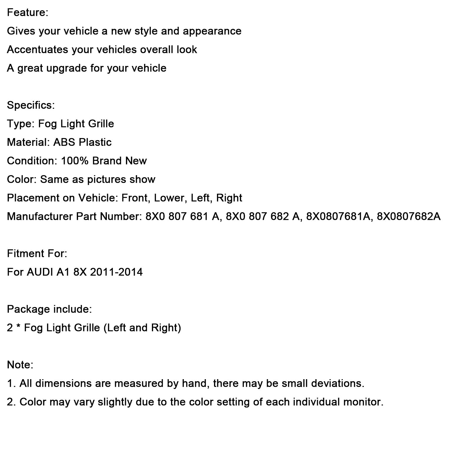 Audi A1 8x 2011-2014, 2 huoneen etuvaloverkko Audi A1 8x 2011-2014