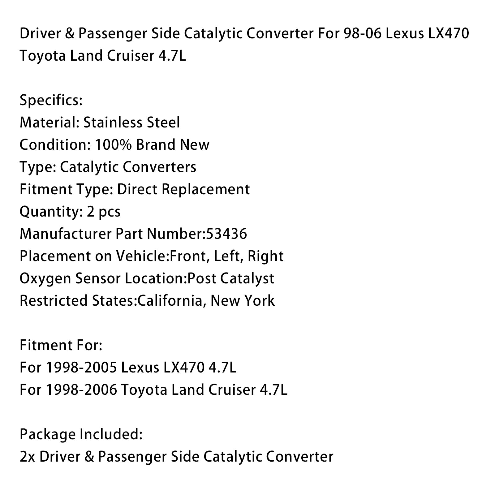 Convertitore catalitico sul lato del conducente e passeggero 53436 per Toyota Land Cruiser 4.7 L 1998-2006