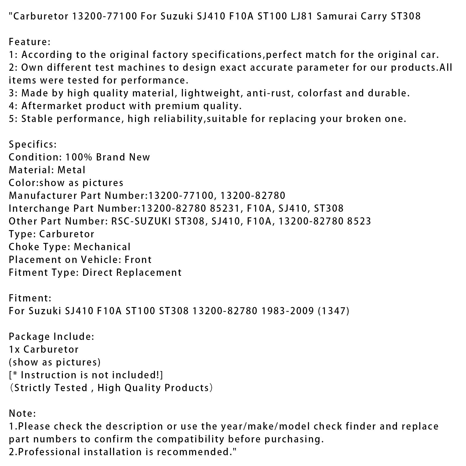 Carburador Suzuki SJ410 F10A ST100 ST308 13200-82780 13200-77100 (1347) 1983-2009