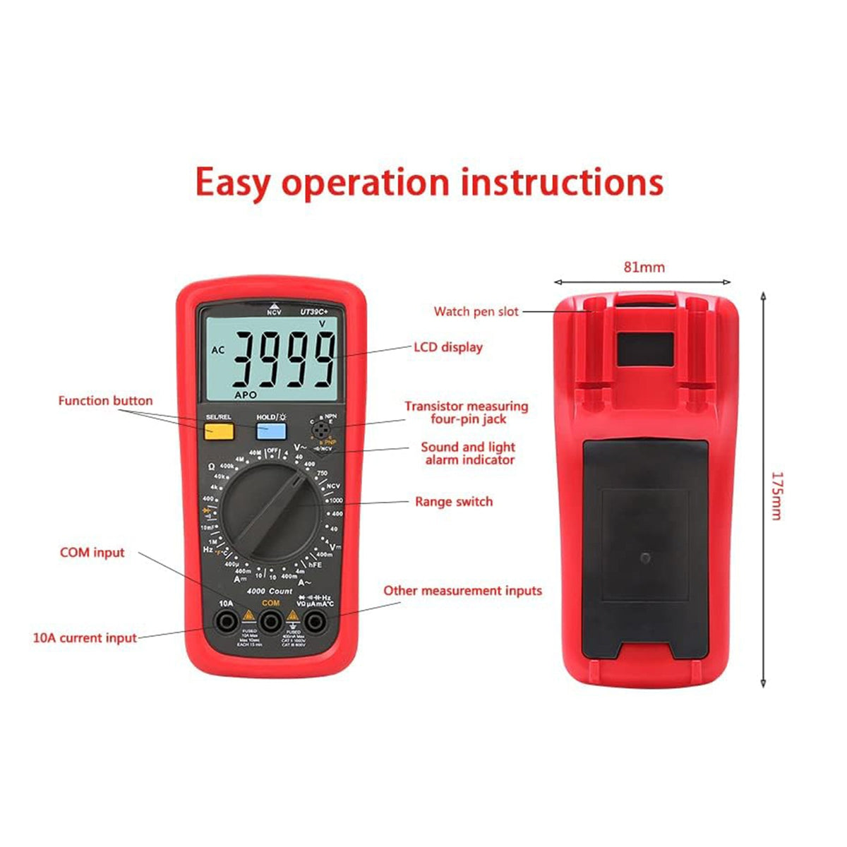 UT39C+ digitale multimeter: AC/DC voltmeter, diode- en condensatortester.