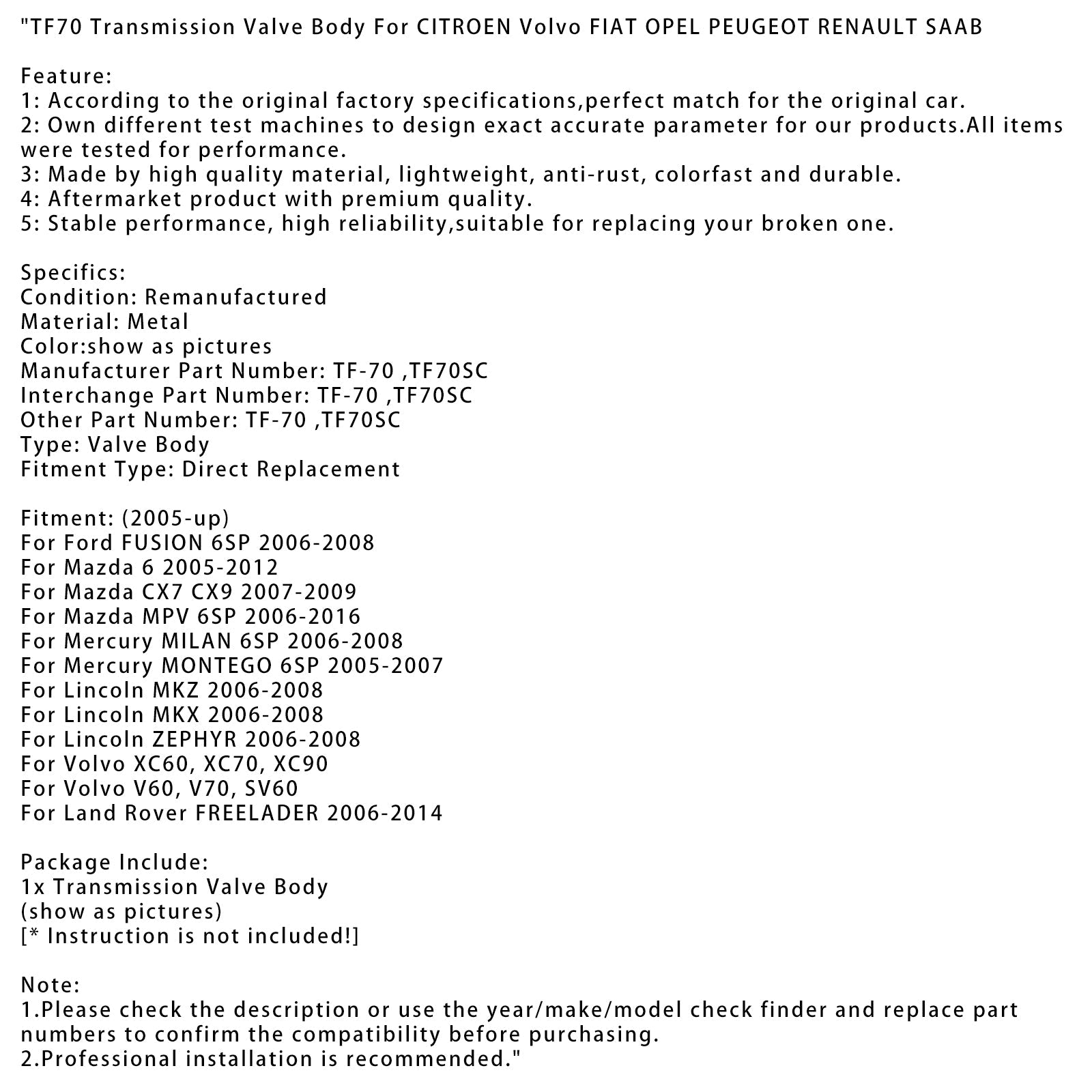 Corps de soupape de transmission TF70SC pour Mazda 6 TF70 2005-2012