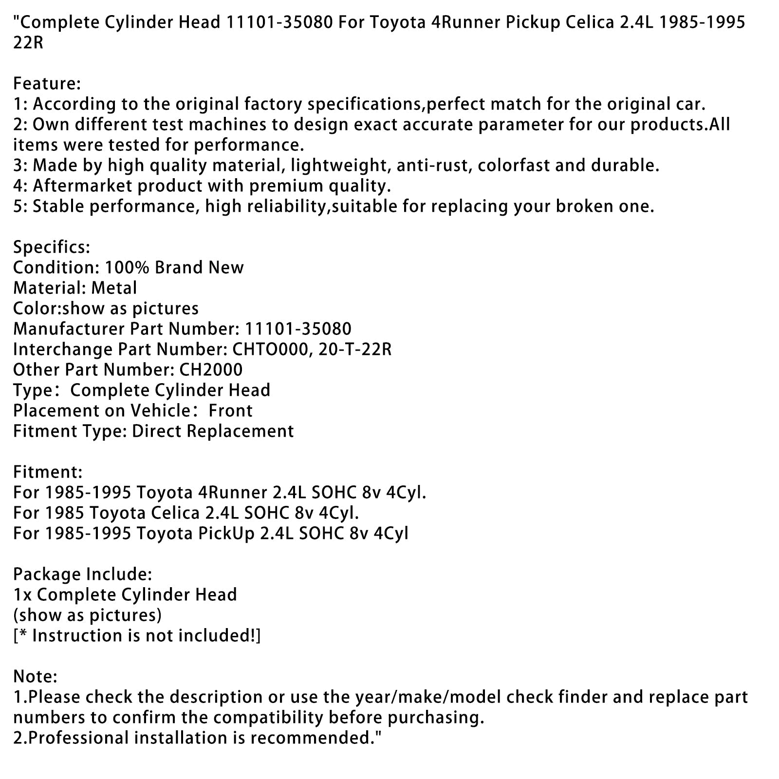 1985 Toyota Celica 2.4L SOHC 8v 4Cyl Culata completa 11101-35080