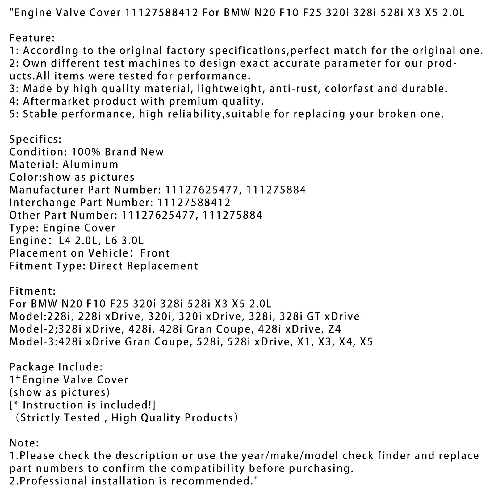Couvercle de soupape de moteur BMW N20 F10 F25 320i 328i 528i X3 X5 2.0L 11127588412
