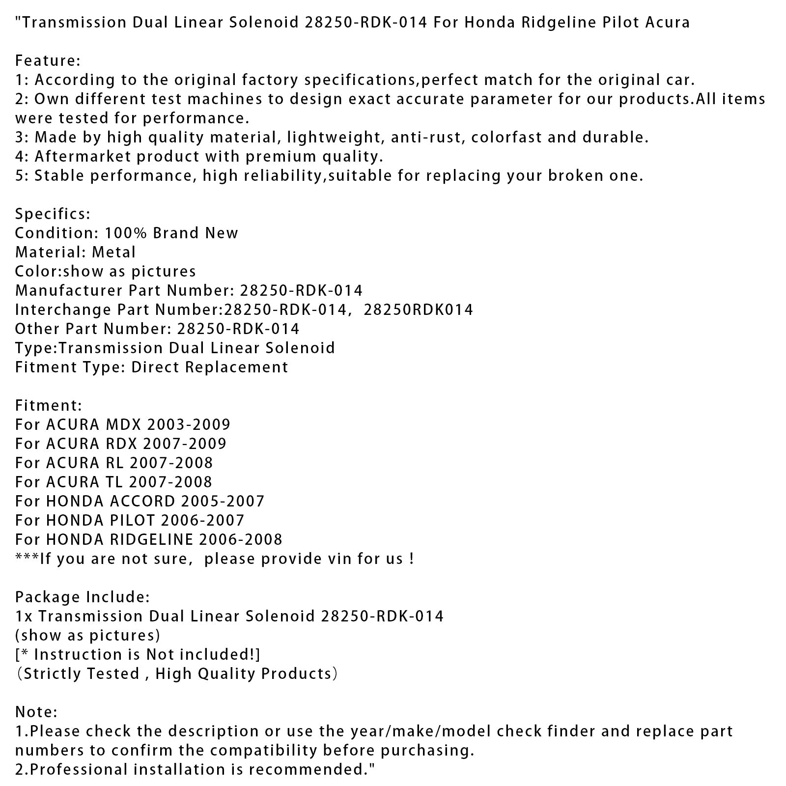 Dvojni elektromagnetni ventil linearnega prenosa za HONDA ACCORD 2005-2007 Številka dela 28250RDK-014 014 28250RDK014