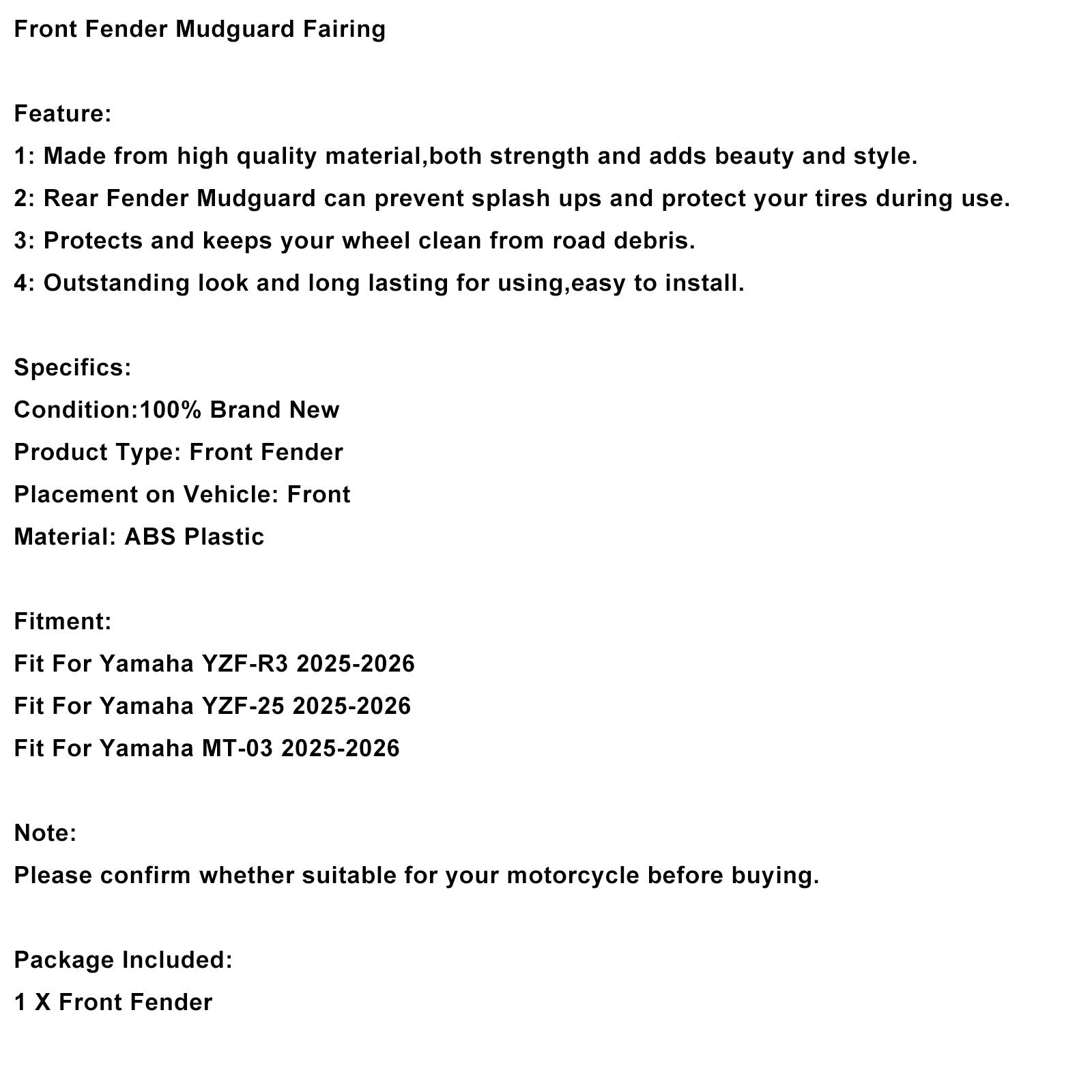 2025-2026 Yamaha YZF-R3 YZF R25 MT-03 Carénage de garde-boue avant