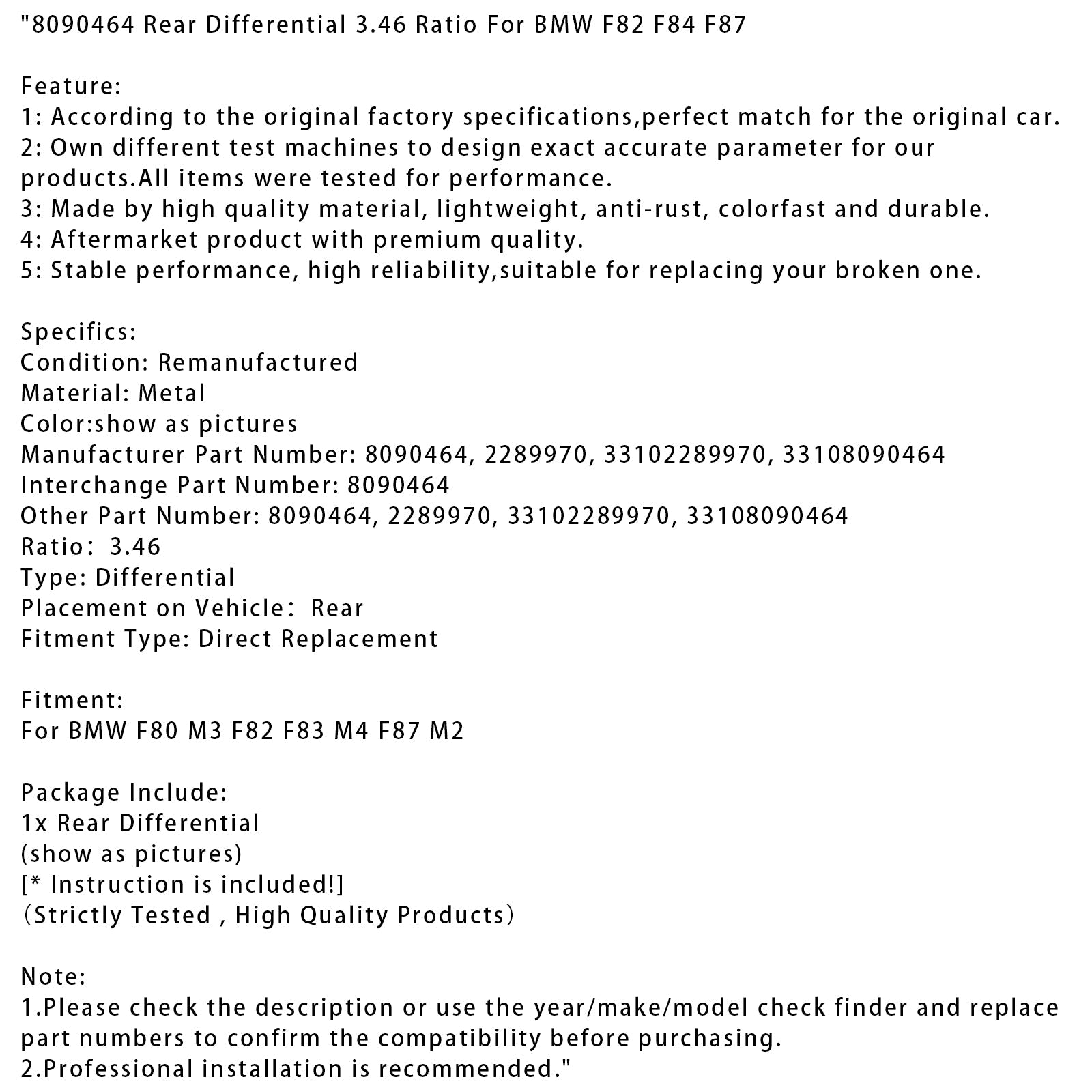 Achter differentieel BMW F80 M3 F82 F83 M4 F87 M2, Rapport 3.46 8090464