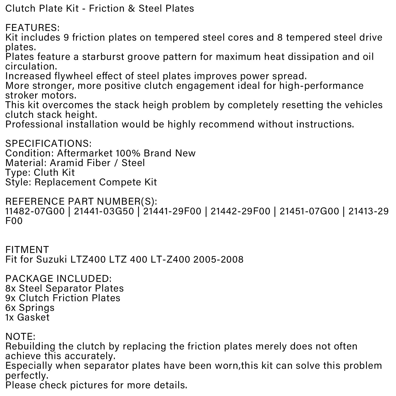 Kit de juntas de disco de embrague para Suzuki LTZ400 LTZ 400 LT-Z400 2005-2008