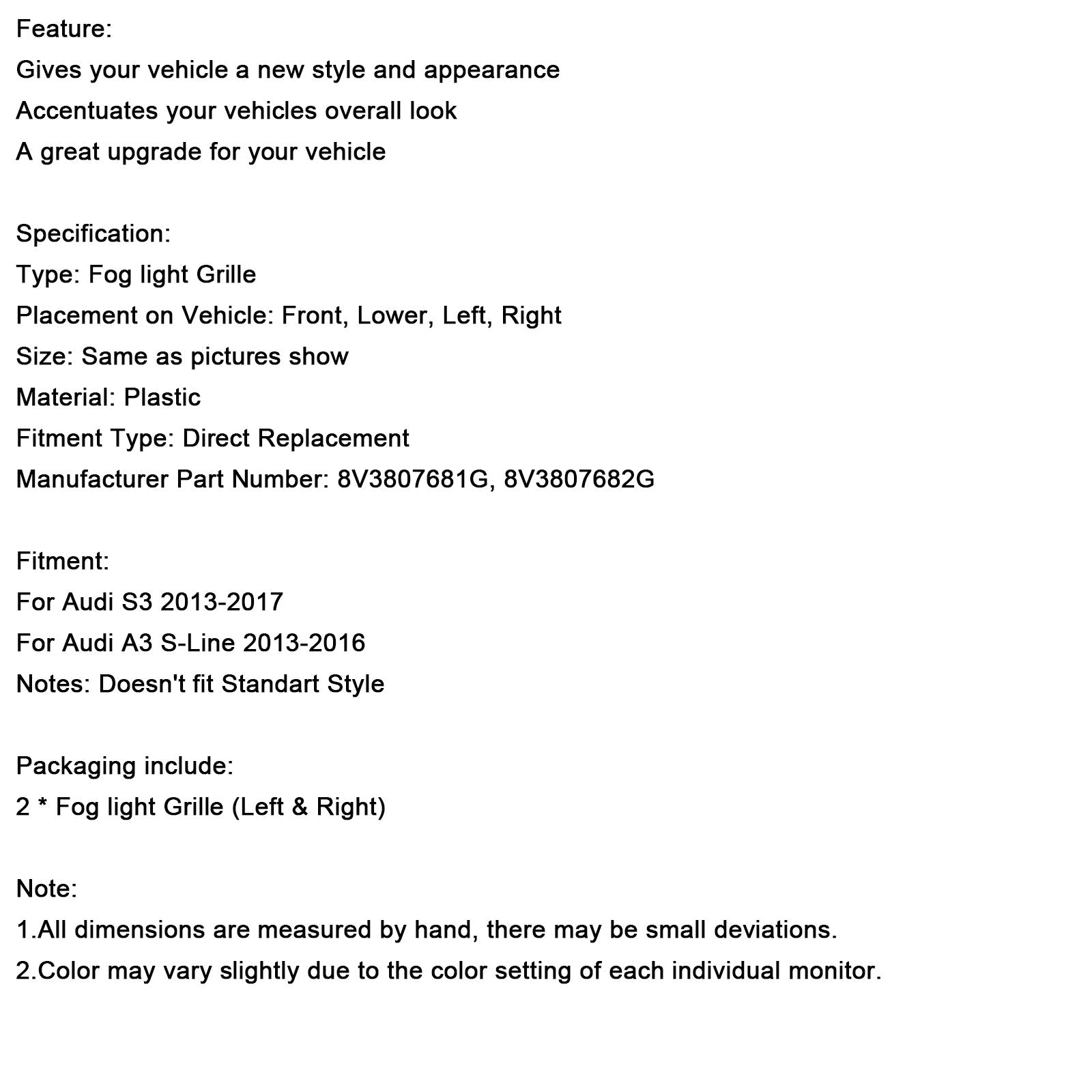 Grille de protection des phares antibrouillard pour pare-chocs avant inférieur AUDI A3 S3 S-Line 2013-2016