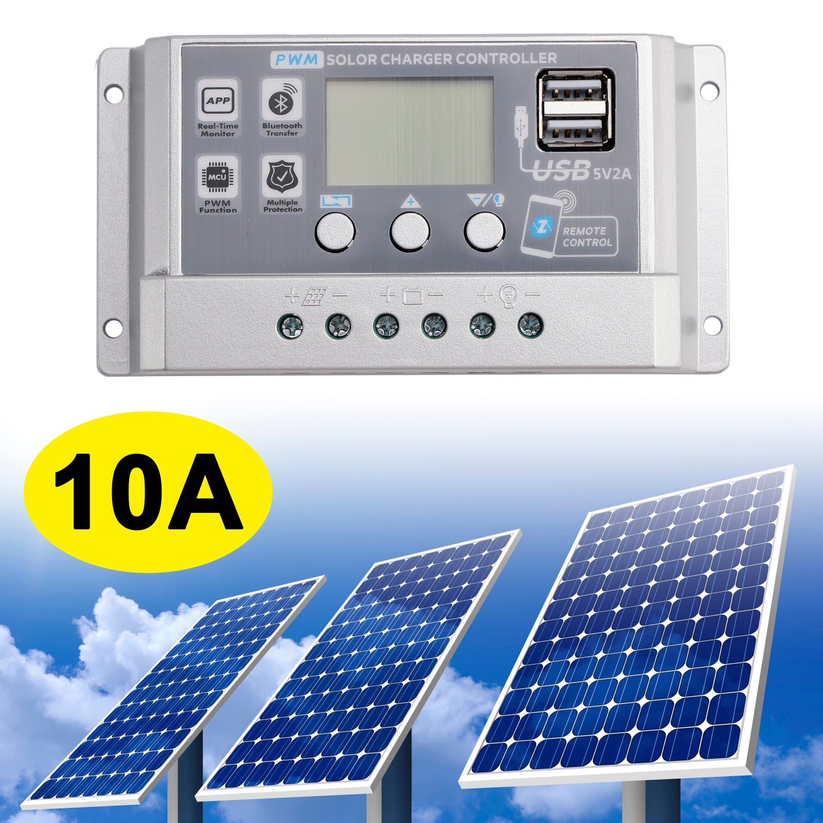 Contrôleur solaire PWM 10A-60A, application mobile, contrôle intelligent