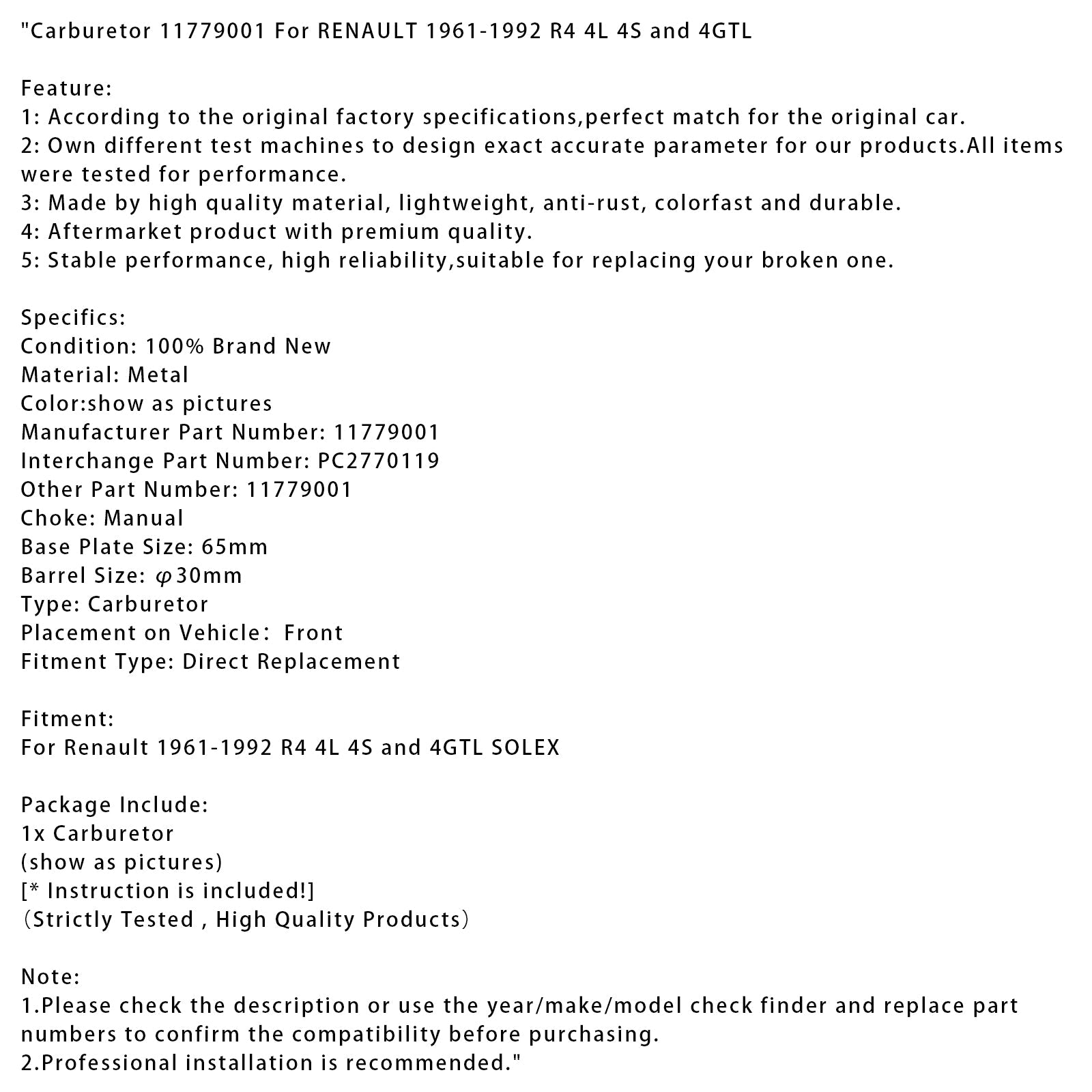 Carburateur Solex d'origine 11779001 pour Renault 4 (4L, 4S, 4GTL) 1961-1992