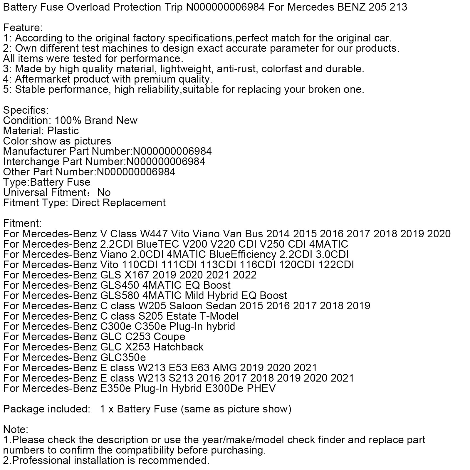 Protection contre les surcharges du fusible de batterie N000000006984 pour Mercedes-Benz 205 et 213