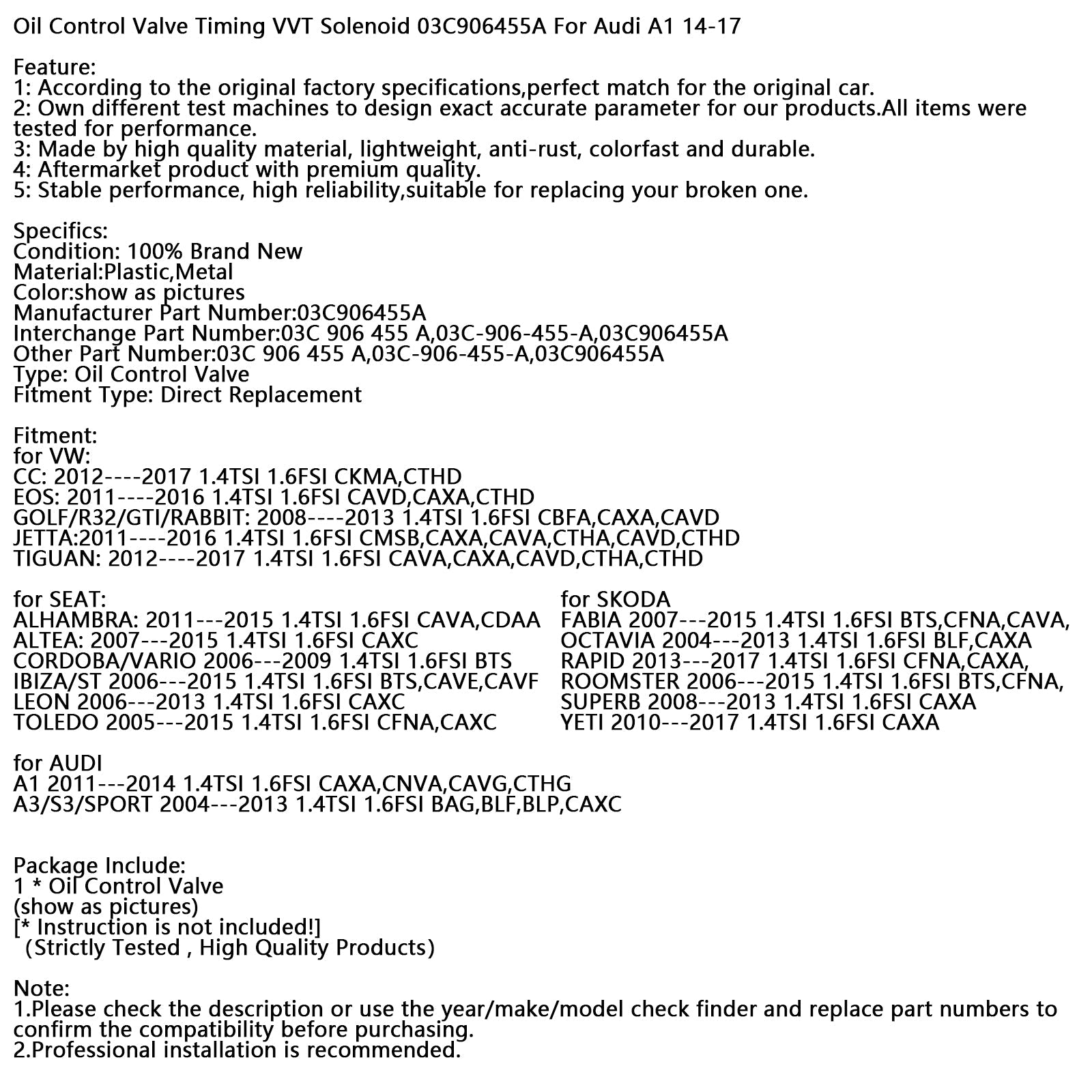 Válvula solenoide de control'Aceite VVT ​​03C906455A para Audi A1 14-17