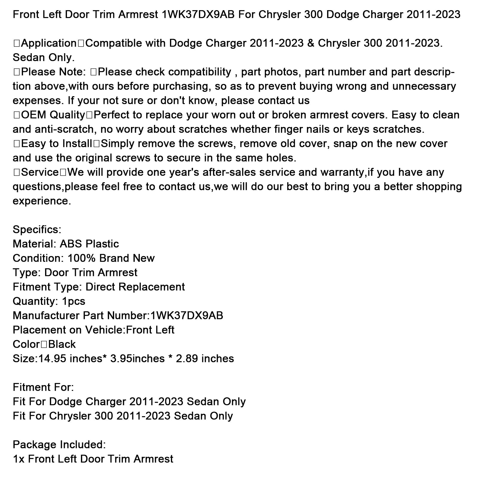 Leva vhodna vrata za roke za Chrysler 300 Dodge Charger 2011-2023 1WK37DX9AB