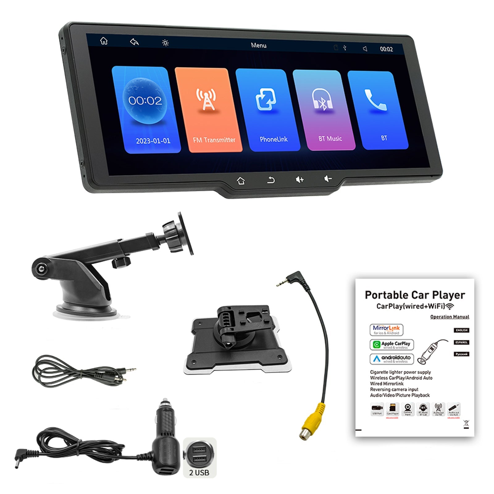 Lecteur MP5 Bluetooth portable sans fil Carplay avec écran de 10,26 pouces + 4 caméras LED