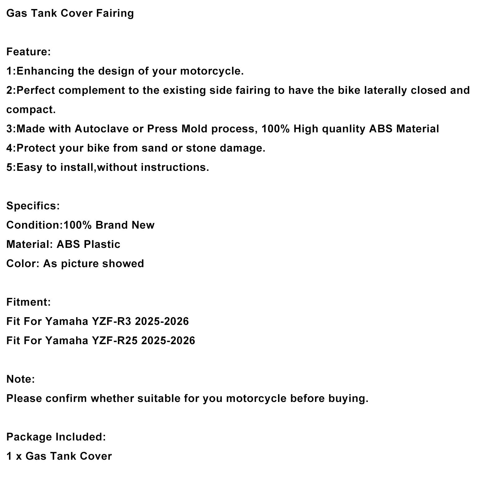 Protection de carénage et de réservoir d'essence pour Yamaha YZF-R3 R25 2025-2026