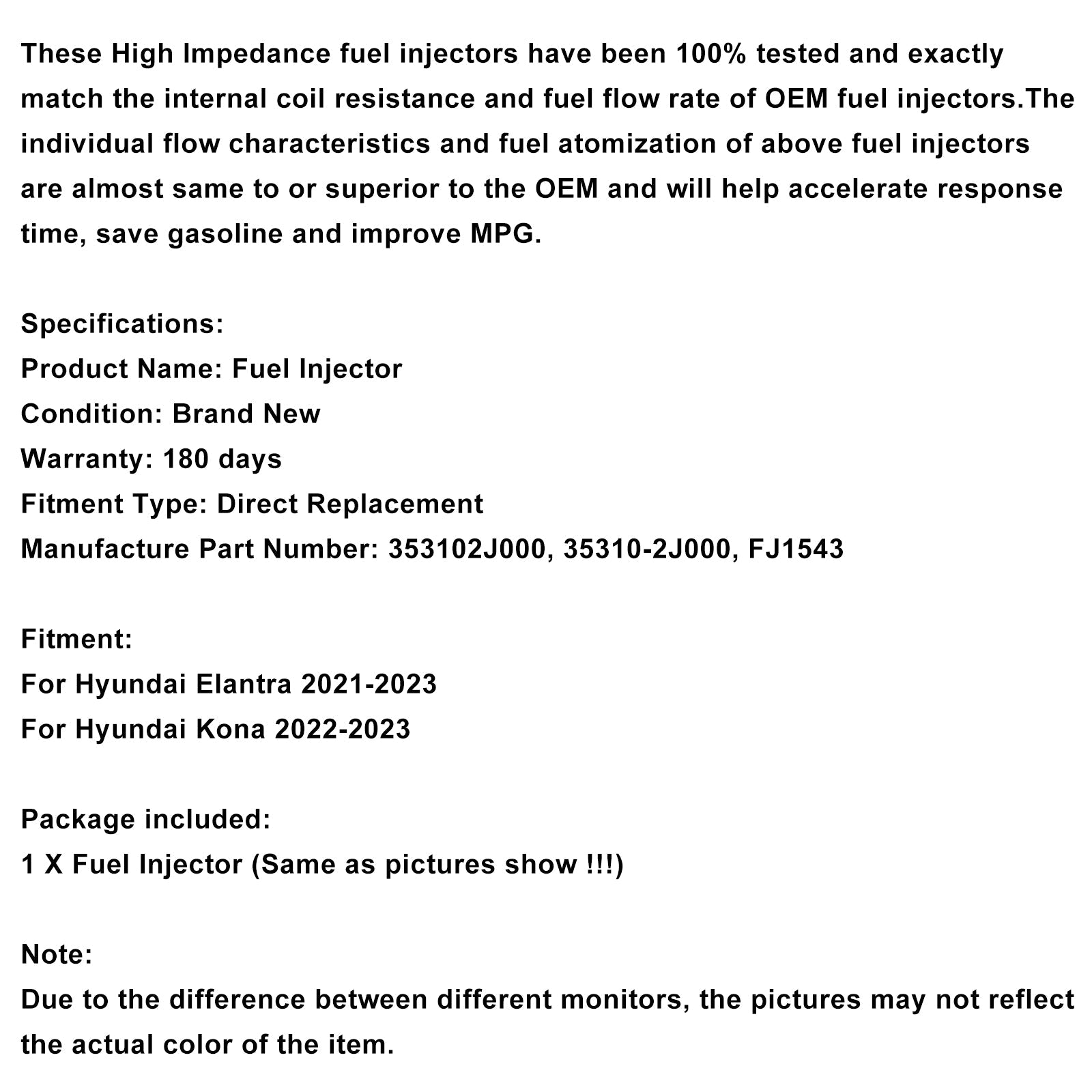 Inyector de combustible 353102J000 para Elantra 2021-2023 y Kona 2022-2023 2.0L