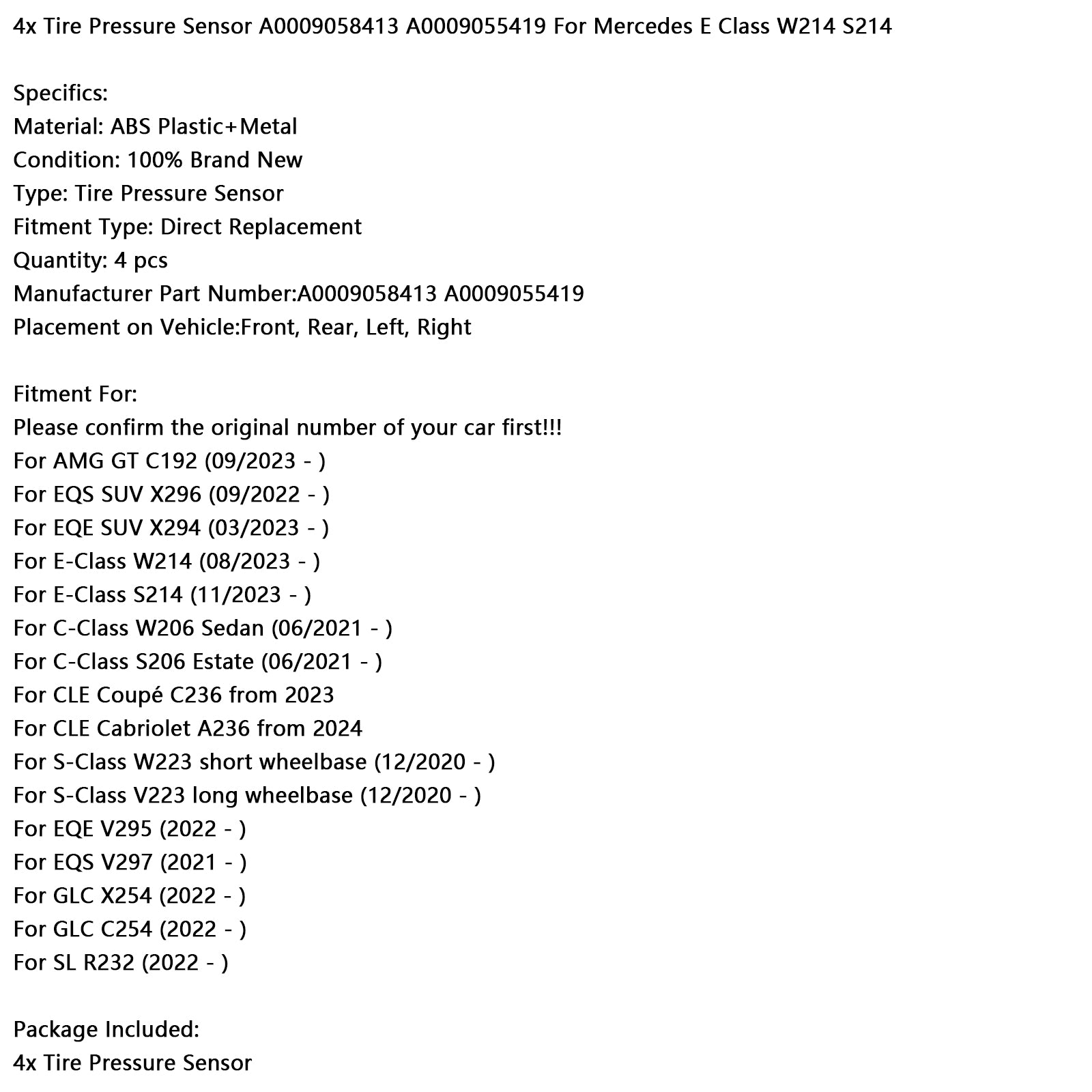 4x Bandenspanningssensor A0009058413 A0009055419 voor Mercedes E-Klasse W214 S214