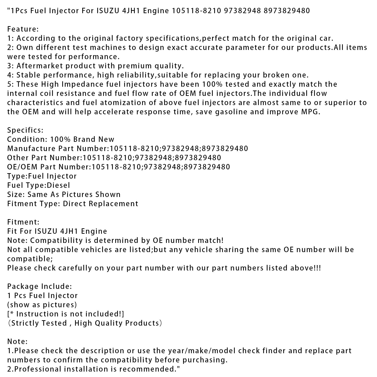 1x iniettore di carburante per motore ISUZU 4JH1 105118-8210 97382948 8973829480