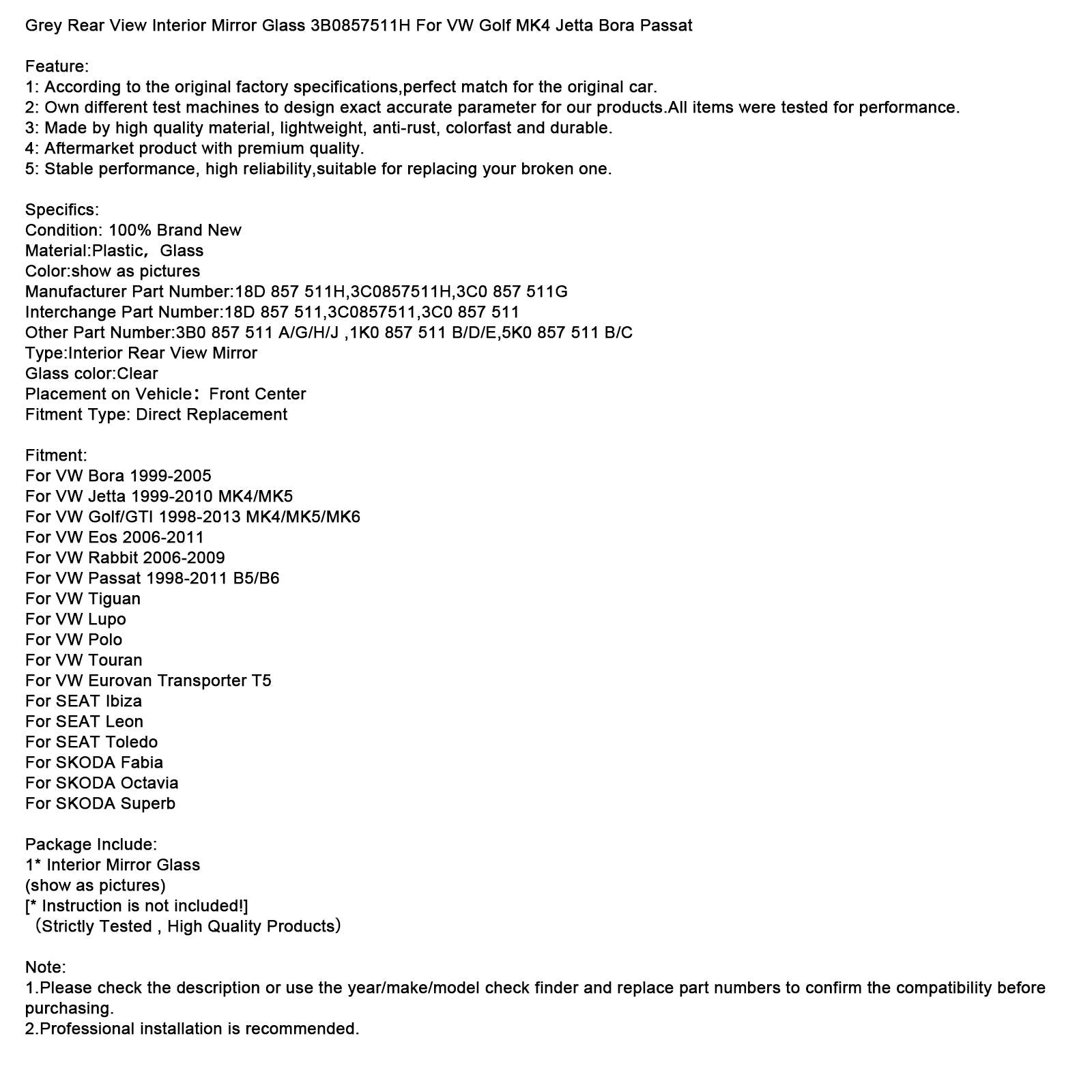 Sivo notranje vzvratno ogledalo 3B0857511H za VW Golf MK4 Jetta Passat