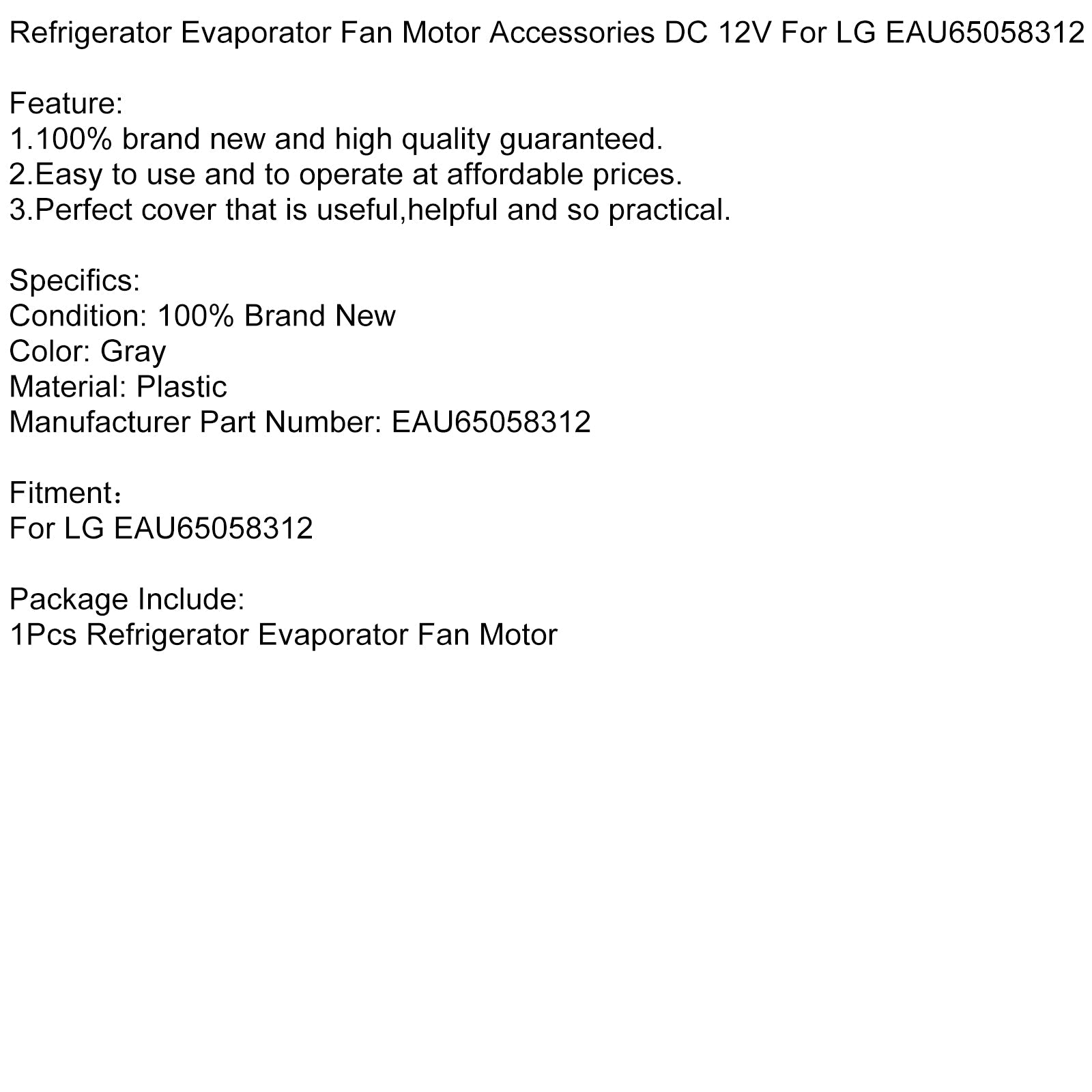 Fircal haihduttajatuulettimen moottori, 12 V DC -tarvikkeet LG Water65058312