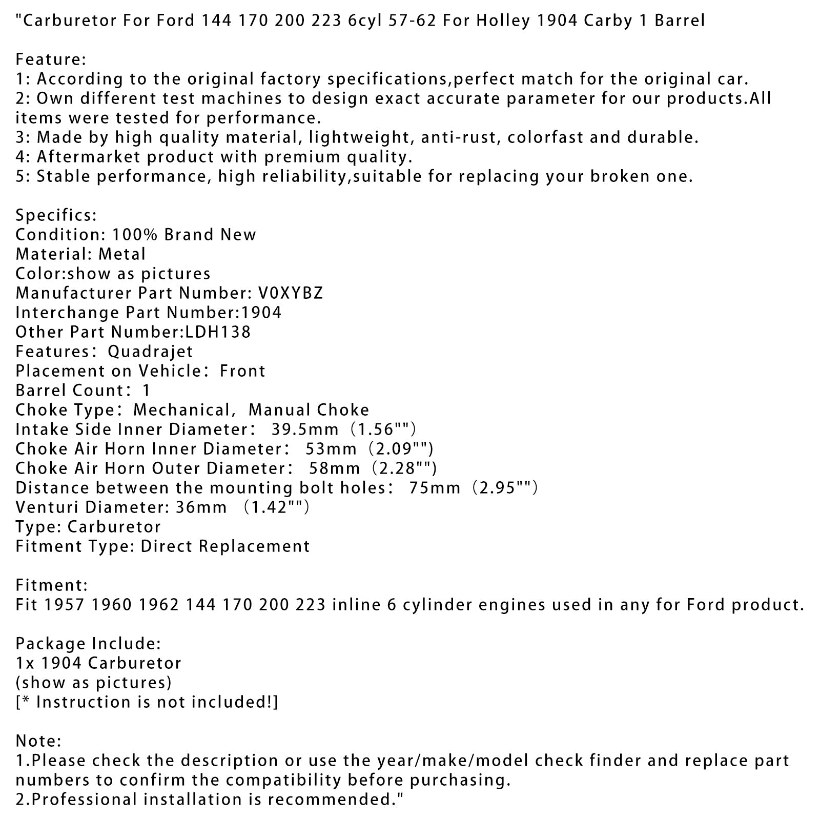 Carburador para Ford 144 170 200 223 6cyl 57-62 para Holley 1904 Carby 1 barril