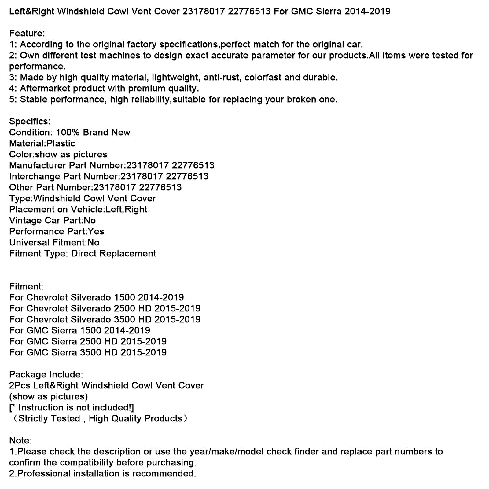 Vasemman ja oikean tuulilasin tuuletusaukon kansi 23178017 22776513 GMC Sierra 14-19