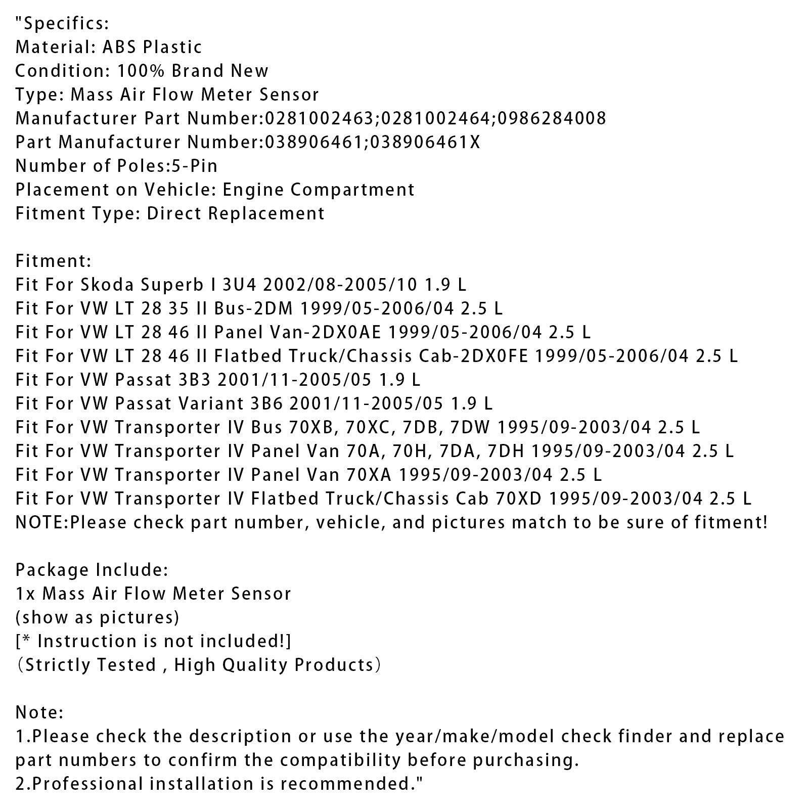 Czujnik przepływomierza d'masa powietrza do VW Transporter IV Passat 3B Superb I 0281002463