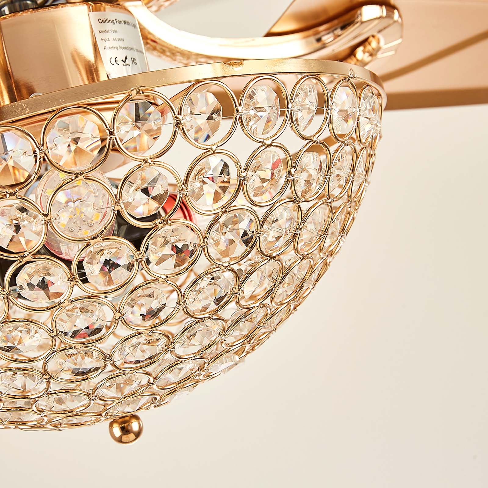 Ventilateur de Plafond Doré avec Lustre en Cristal 52" – Éclairage LED, Télécommande, 5 Pales, 6 Vitesses