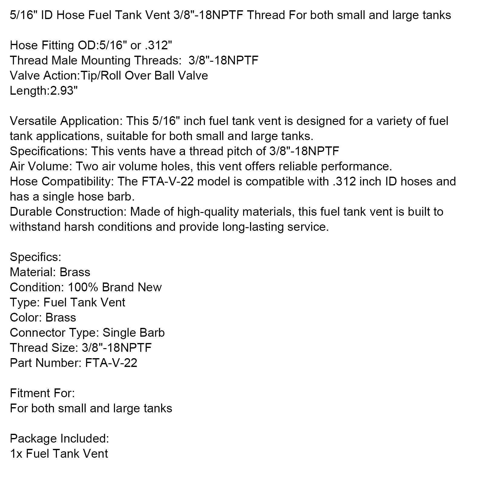 5/ Odzračevalna cev rezervoarja za gorivo16""notranji premer, 3/ navoj8""-18NPTF za majhne in velike rezervoarje