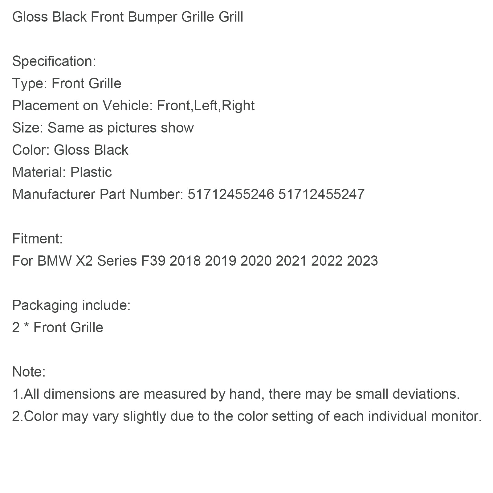 Gloss Black Front Bumper Grill Grill za BMW X2 Series F39 2018-2023