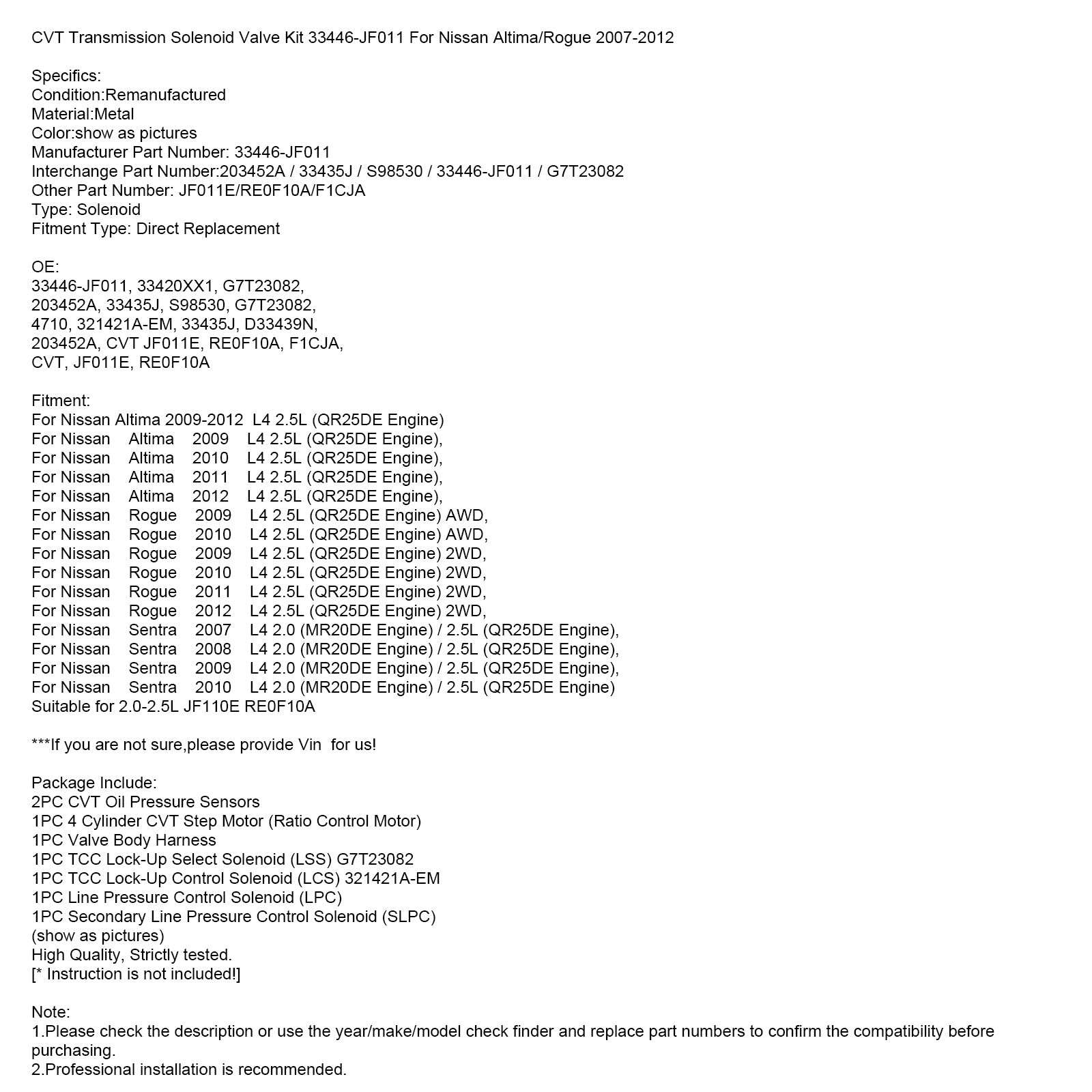 Zestaw zaworu elektromagnetycznego skrzyni biegów CVT 33446-JF011 dla Nissan Altima/Rogue 07-2012