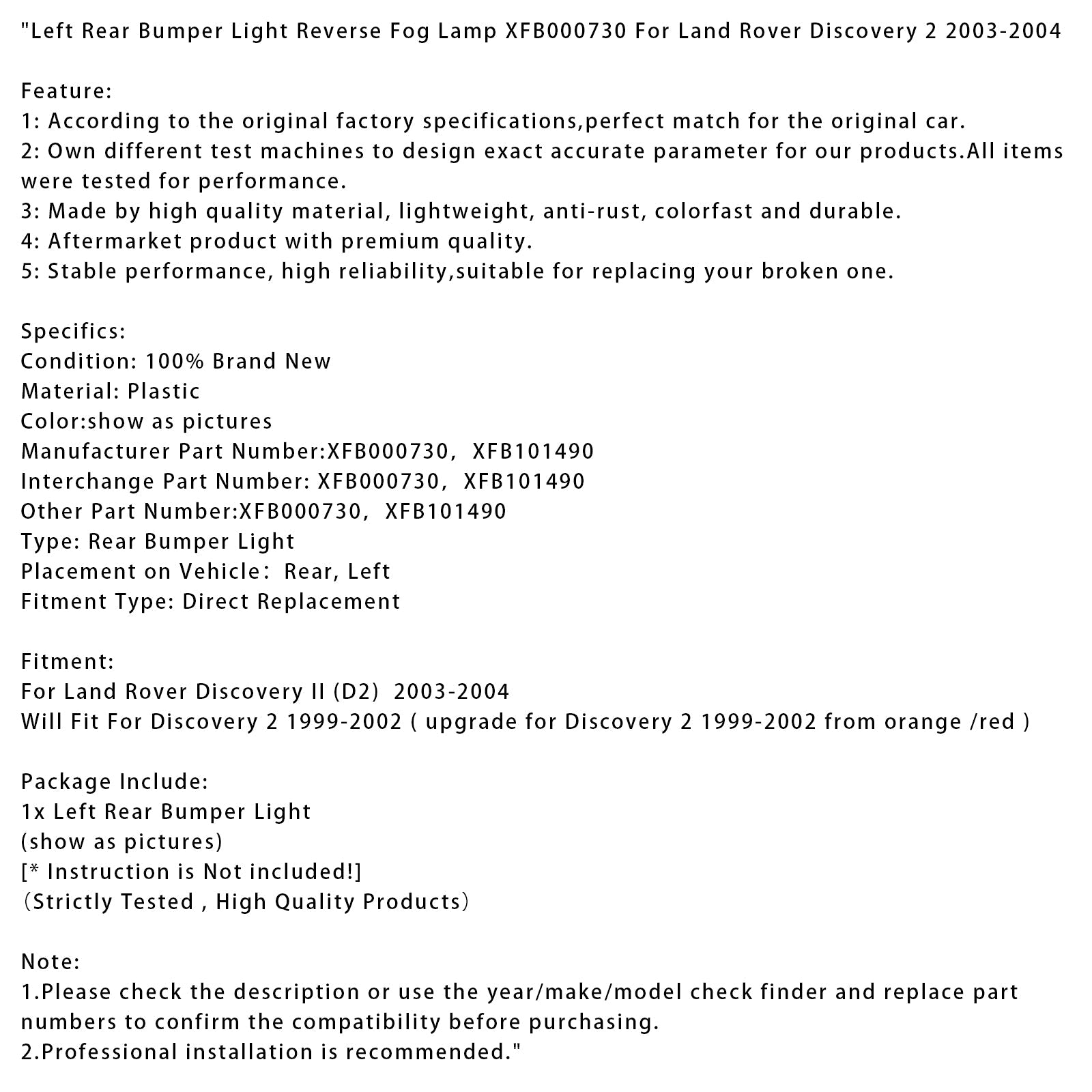 Feu de recul antibrouillard arrière gauche pour Land Rover Discovery 2 (2003-2004)