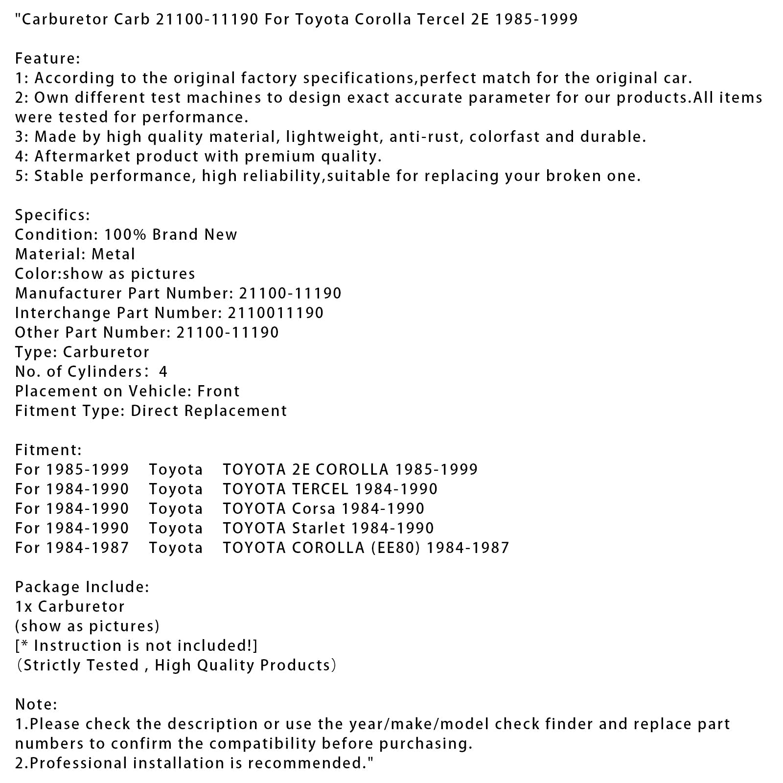 Carburateur Toyota Corsa 1984-1990, référence 21100-11190