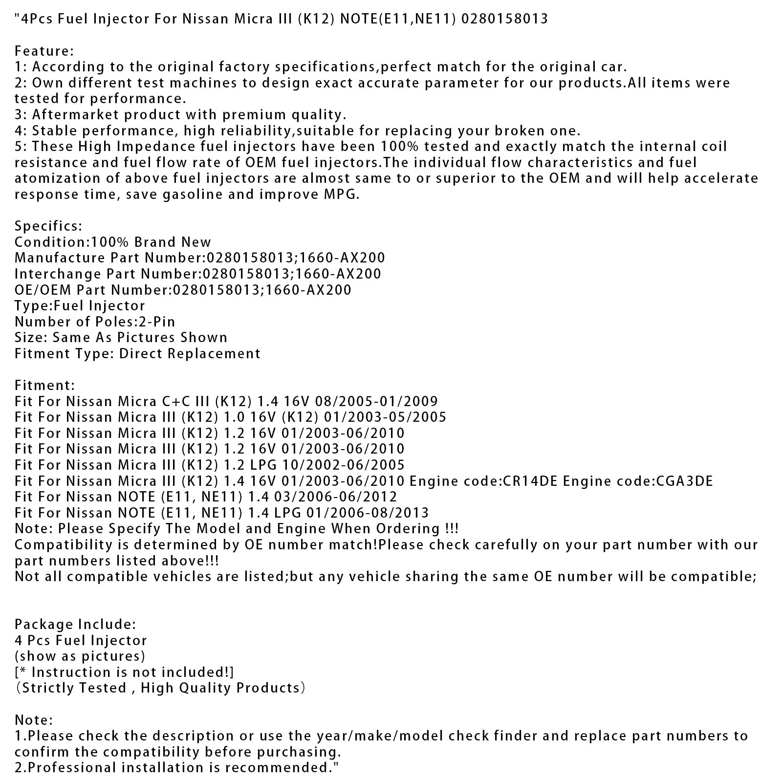 4x Injektorji goriva za Nissan Micra III (K12) NOTE (E11 NE11) 0280158013