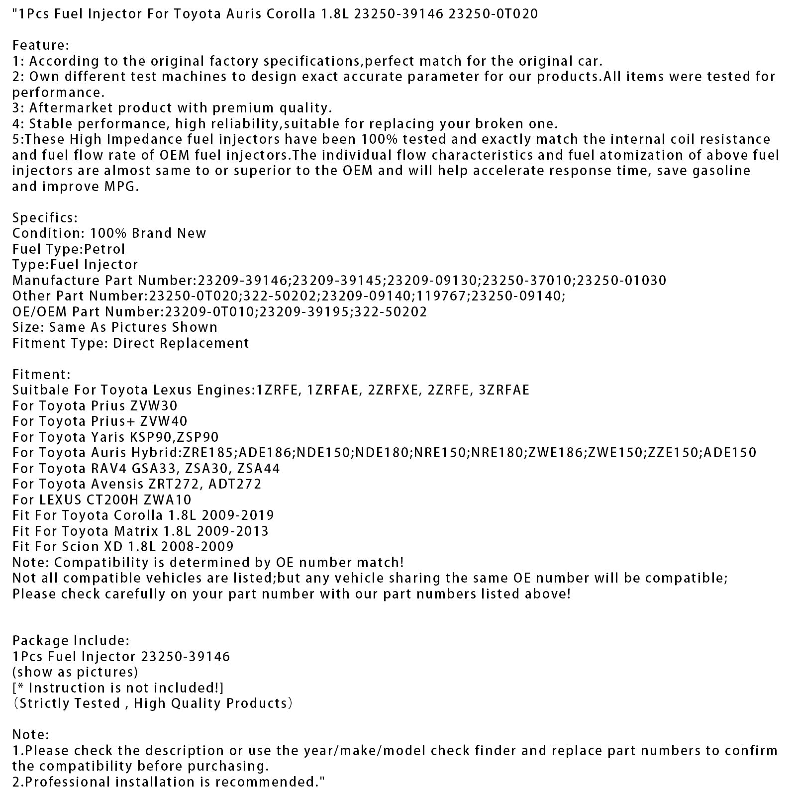 1 injecteur de carburant pour Toyota Auris Corolla 1.8L 23250-39146 23250-0T020