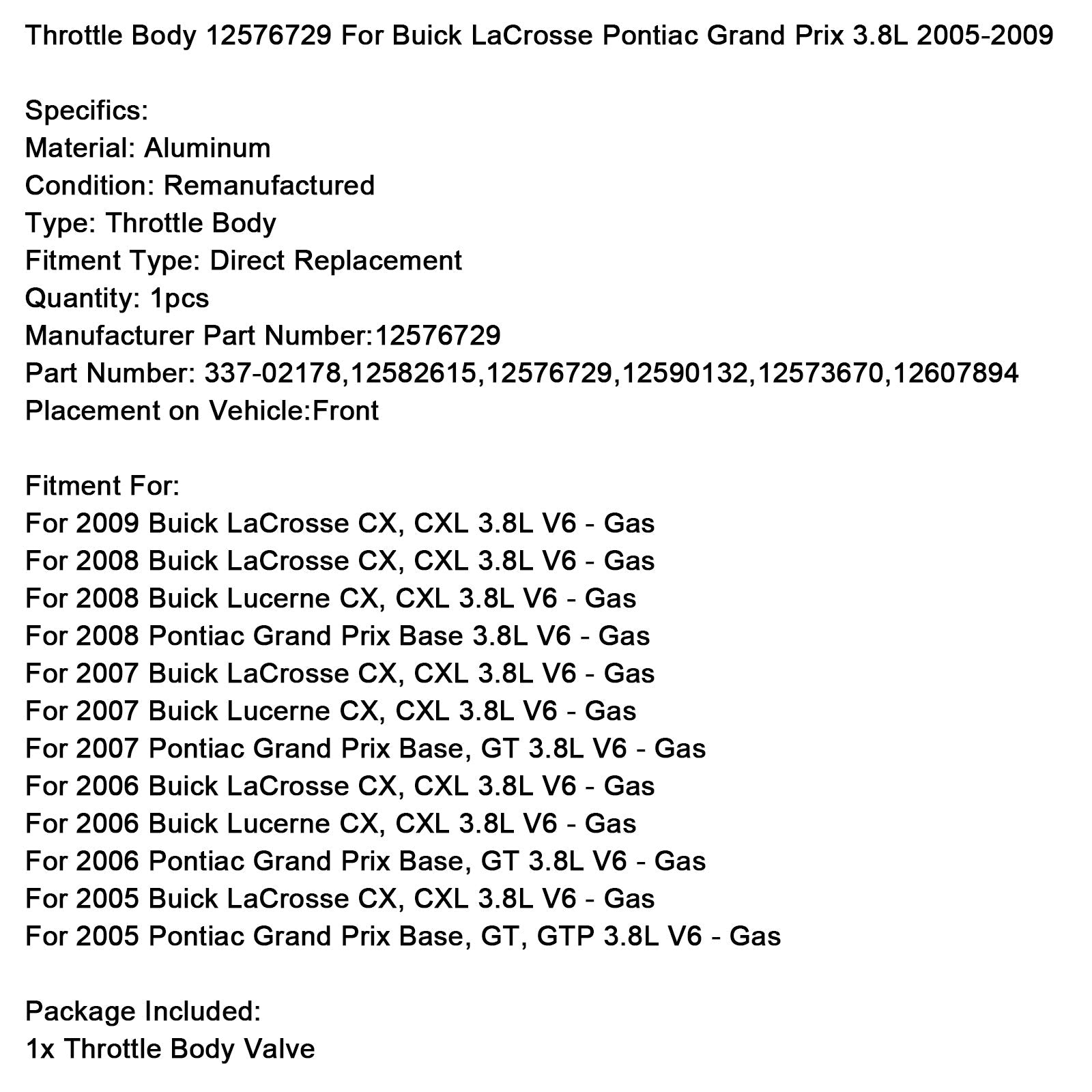 Gasklephuis 12576729 voor Buick LaCrosse Pontiac Grand Prix 3.8L 05-09
