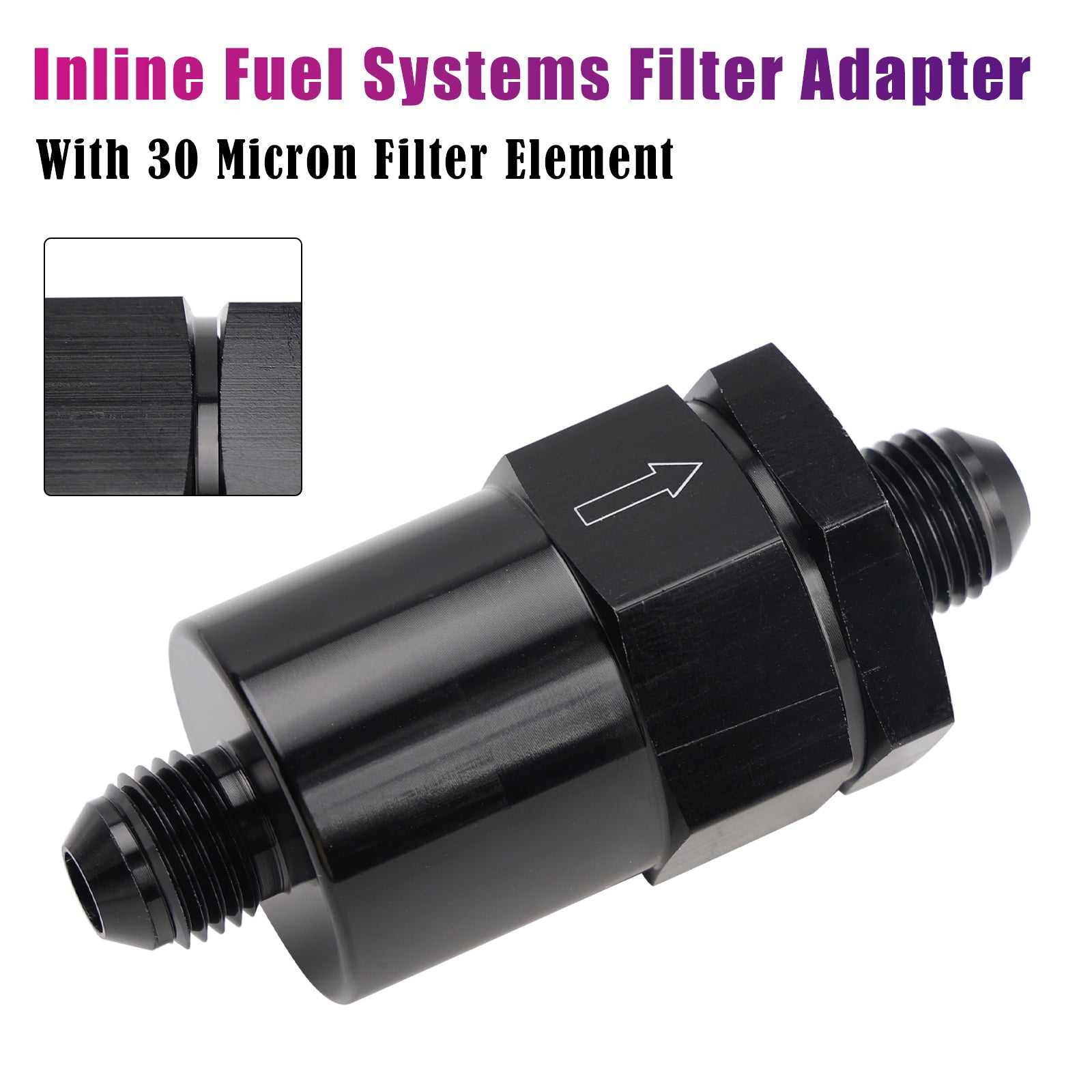 Adaptateur de filtre en ligne AN6 noir pour systèmes de carburant avec élément filtrant de 30 microns