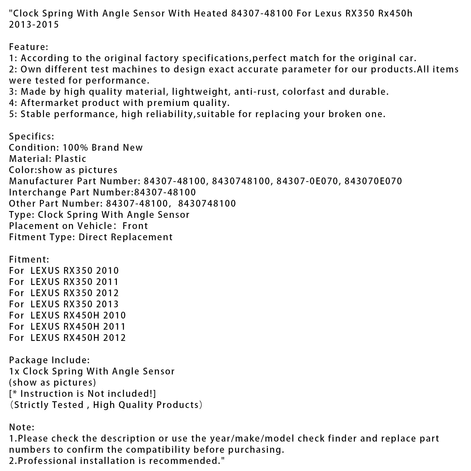 Terugtrekveer met hoeksensor en verwarming voor Lexus RX350 2011 (ref. 84307-48100 en 843070E070)