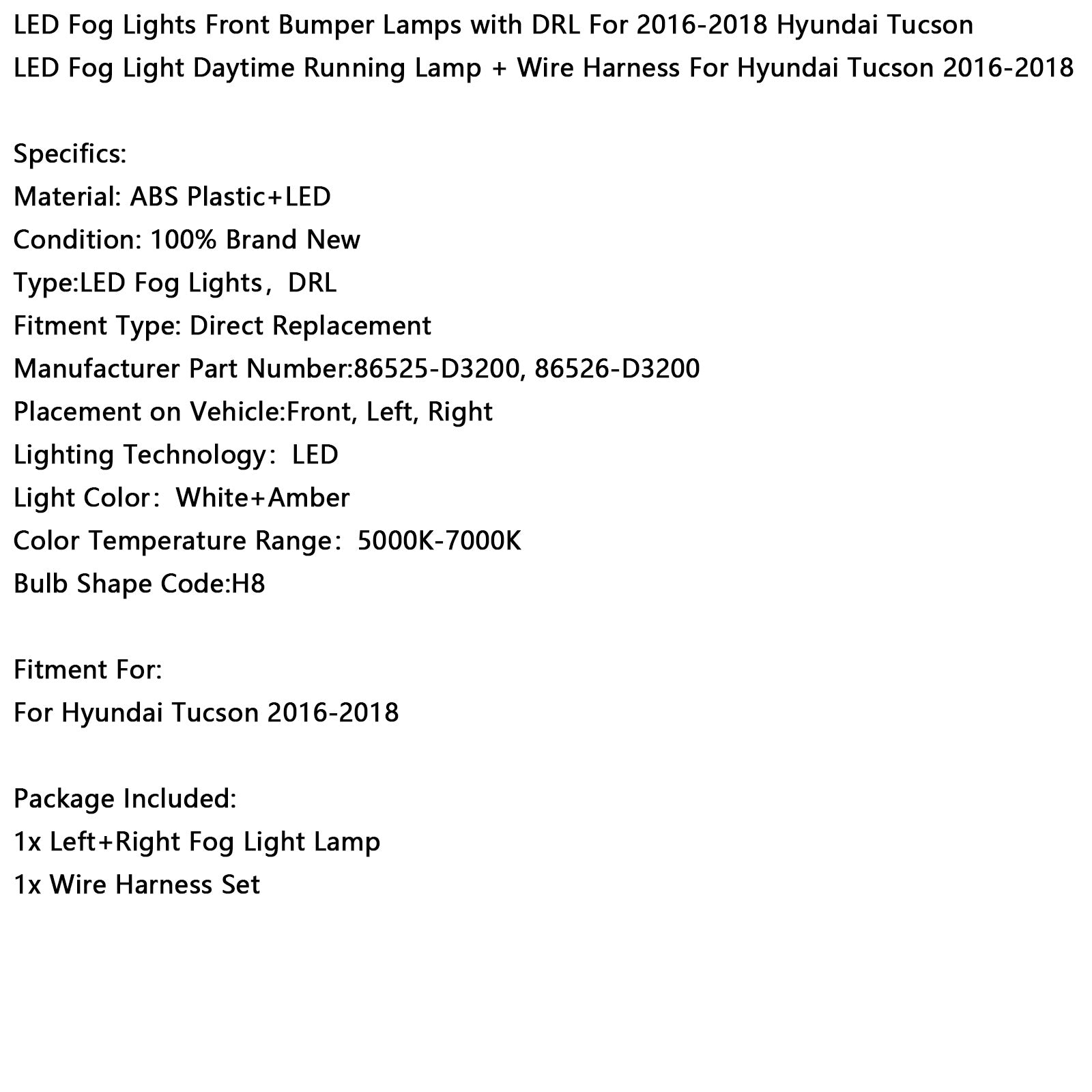 Feux antibrouillard avant à LED pour Hyundai Tucson 2016-2018 avec feux de jour 86525-D3200 5000K-7000K