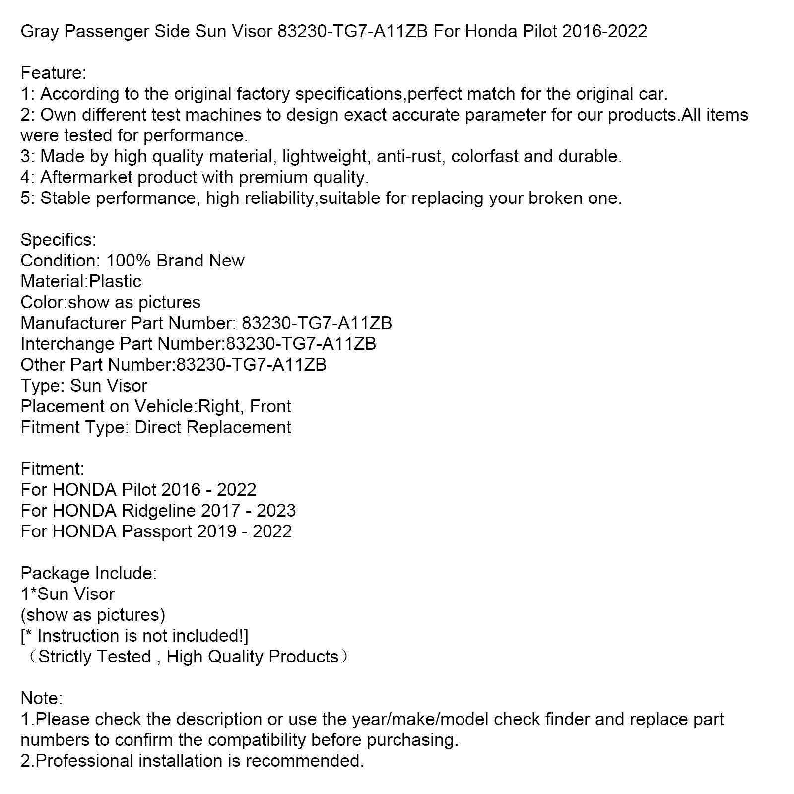 Sivi desni sončni vizir za Honda Pilot 2016-2022 83230-TG7-A11ZB