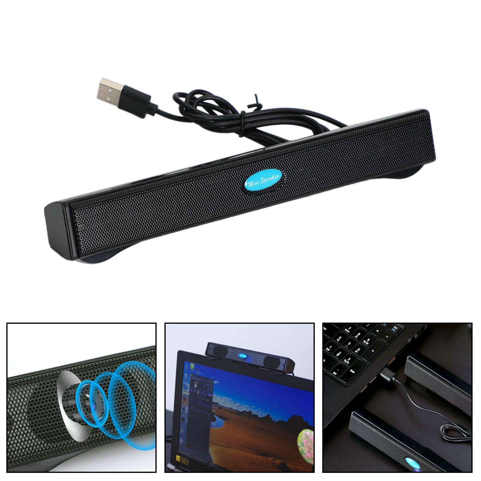 100HZ Wired USB Computer Haut-parleurs Stereo Sound Bar pour PC Laptop Noir