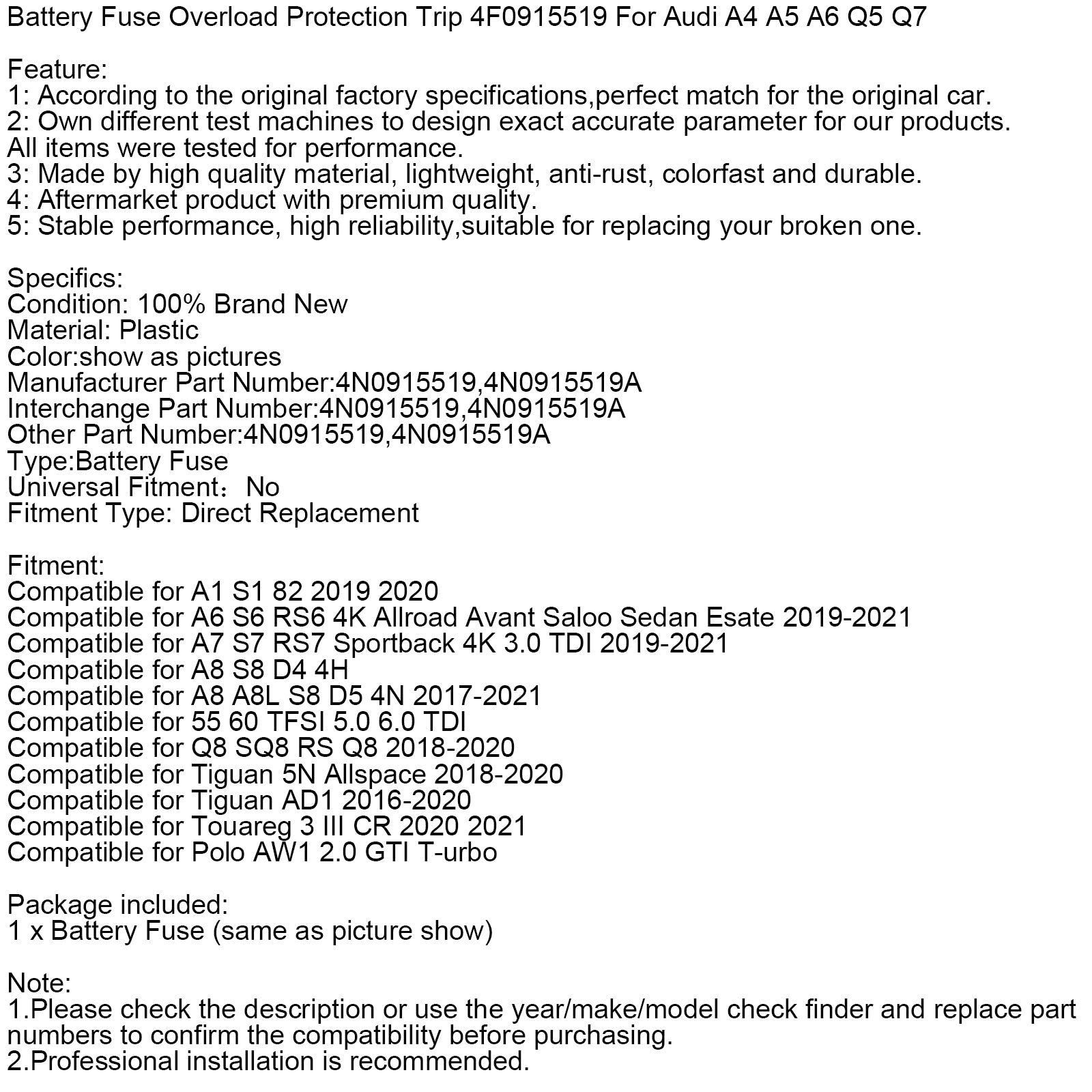 Akun ylikuormitussuojasulake 4N0915519 varten Audi A6 A7 A8 Q8 S6 S7 S8