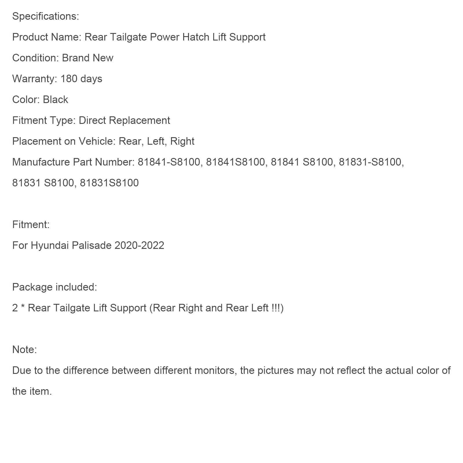 2020-2022 Hyundai Palisade 2PCS Vérins de hayon électriques 81831-S8100