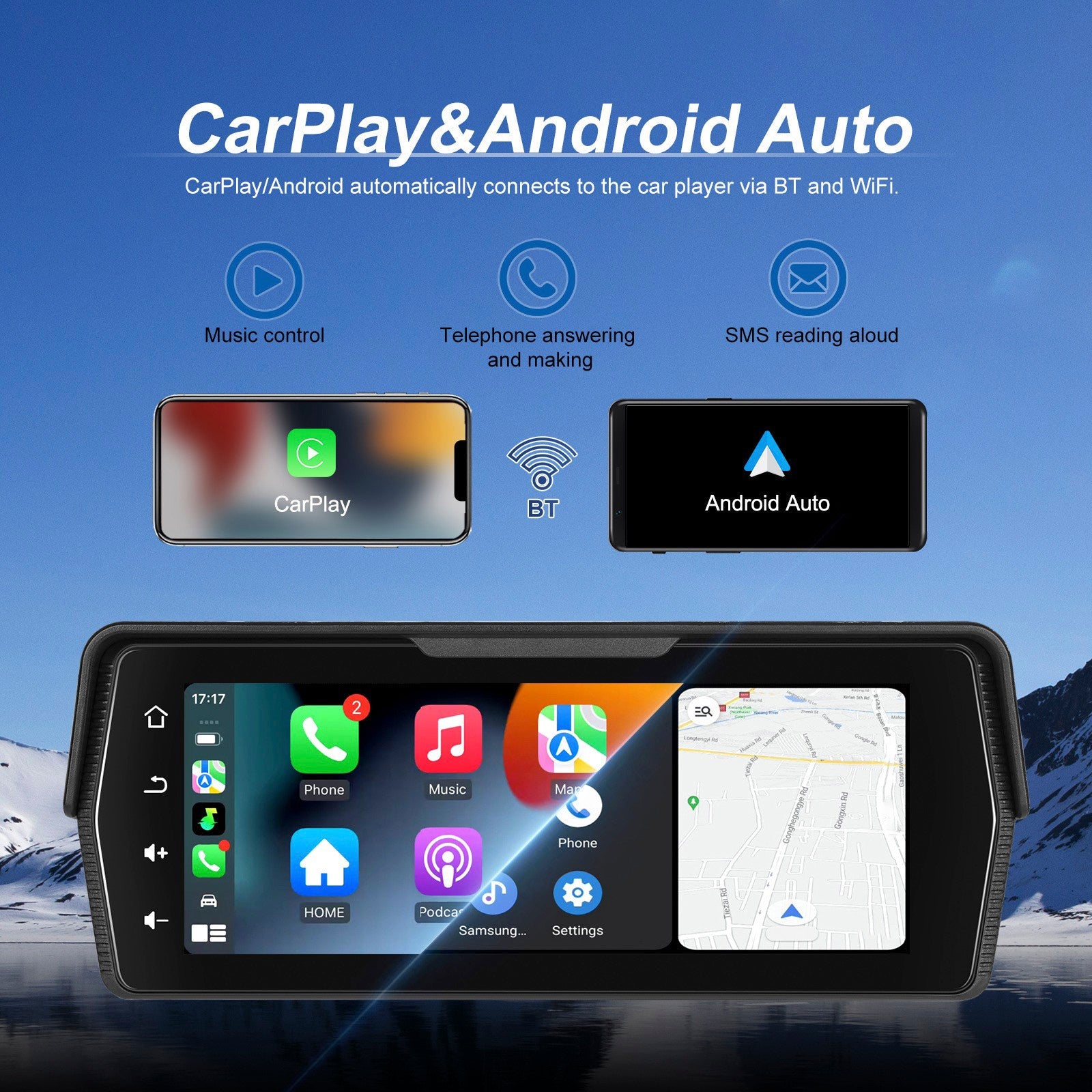 Écran sans fil PND de 6,86 pouces pour motos, compatible avec CarPlay et Android Auto