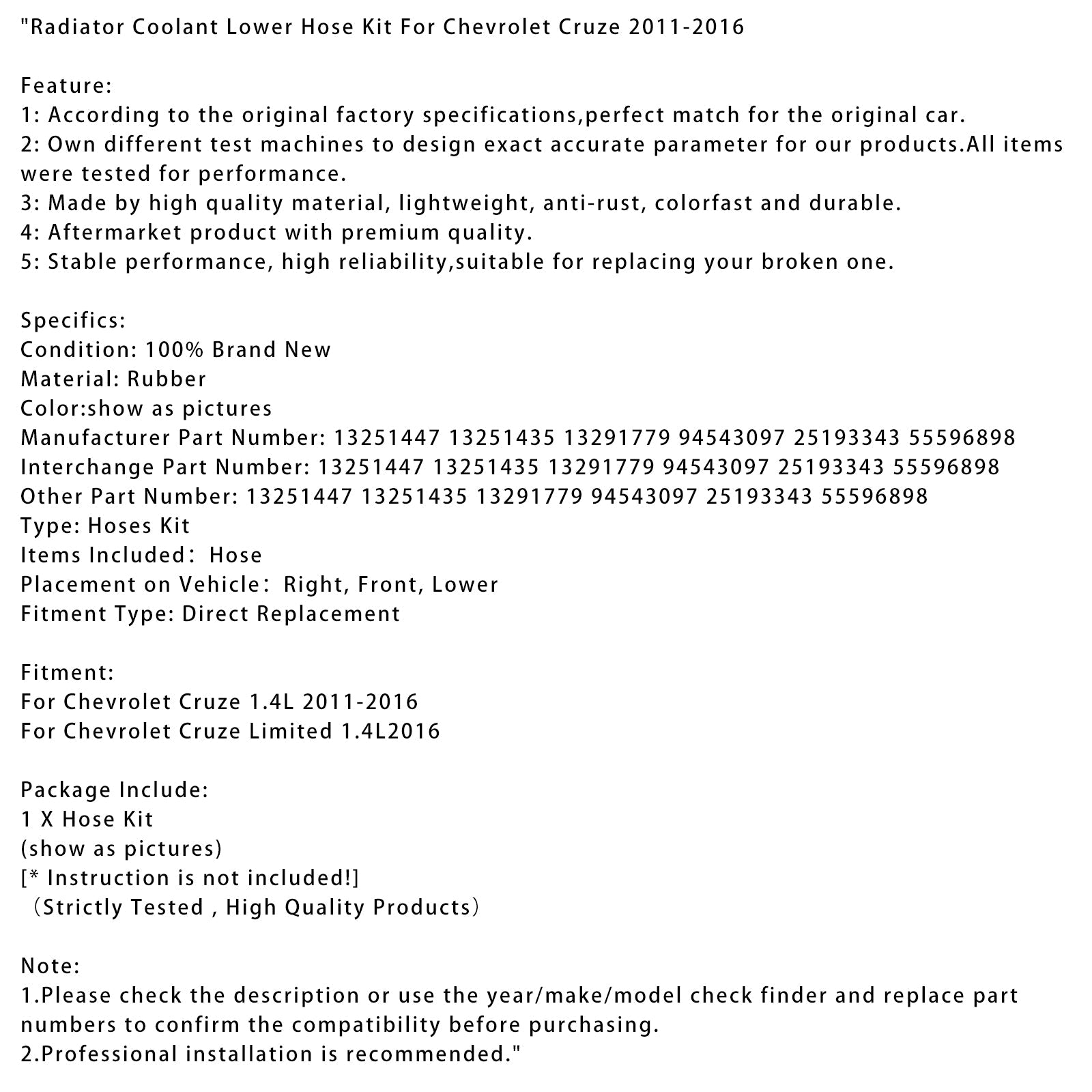 Kit van lagere koelvloeistof voor Chevrolet Cruze 2011-2016