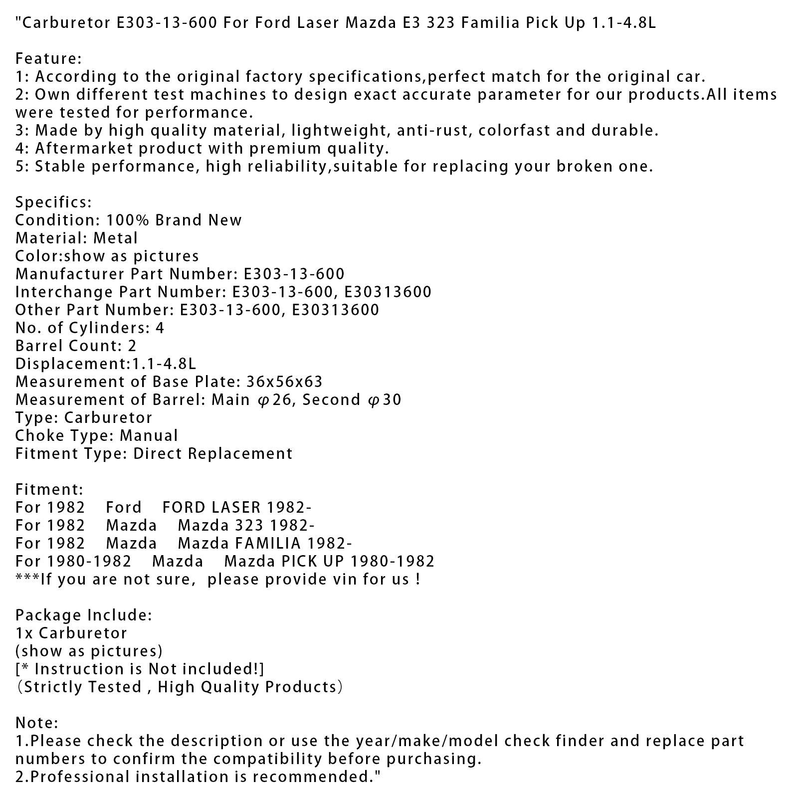Carburateur Ford LASER vanaf 1982 E303-13-600 E30313600