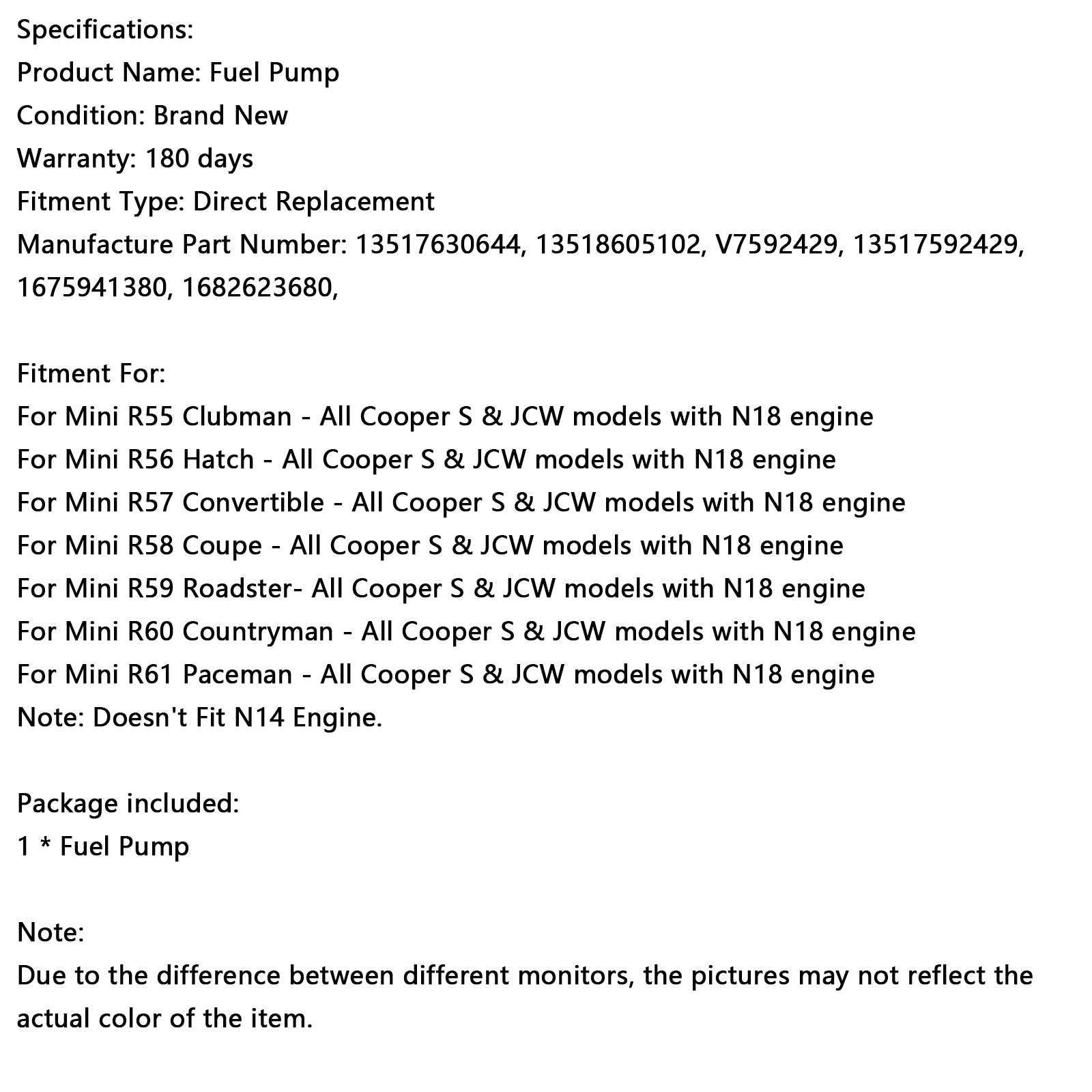 Mini R55 Clubman - Todos los modelos Cooper S y JCW con bomba de combustible de alta presión N18 13517592429