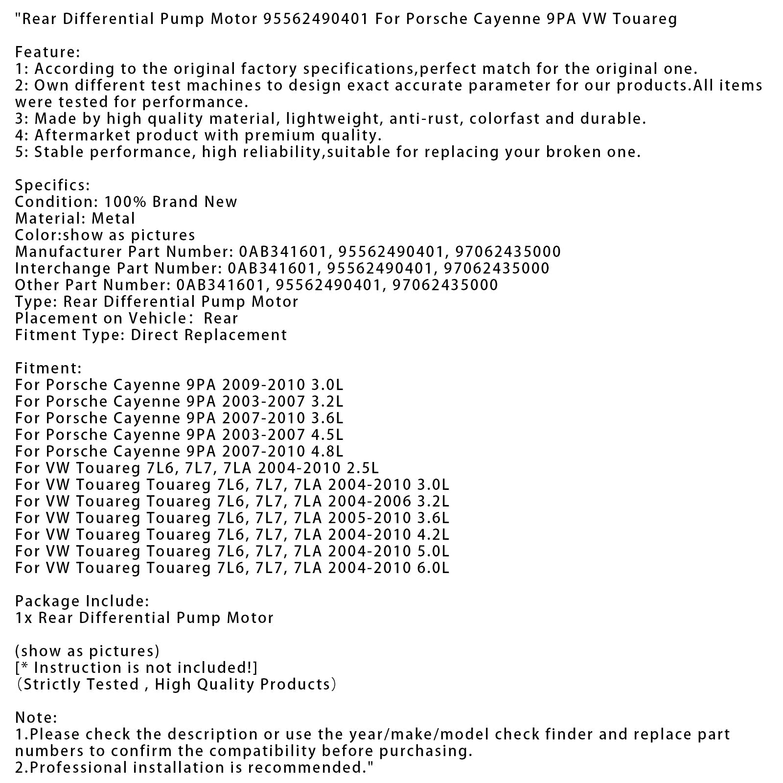 Taka -differentiaalipumppu moottori 95562490401 Porsche Cayenne 9PA: lle ja VW Touaregille