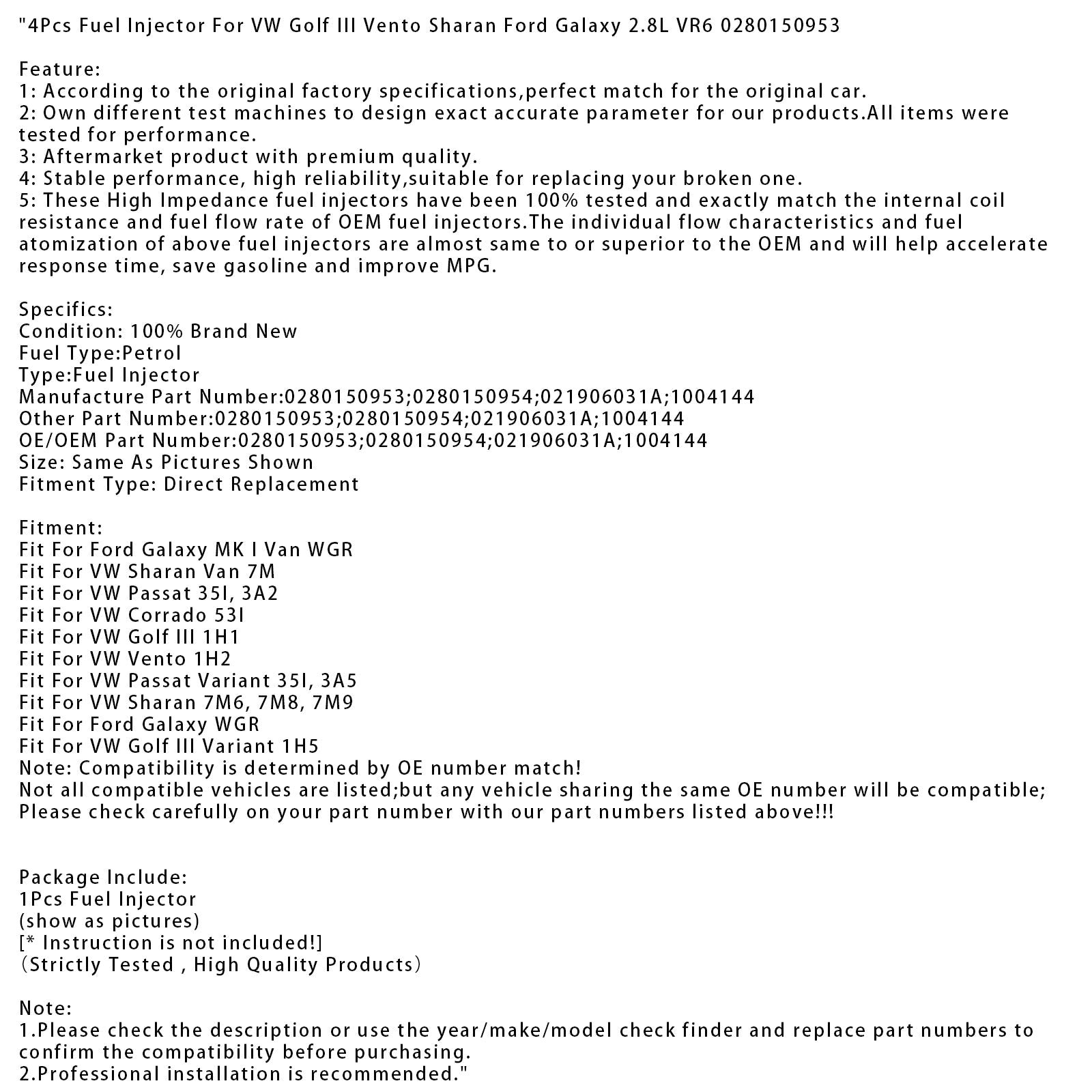 4x Iniettore di carburante per VW Golf III Vento Sharan Ford Galaxy 2.8L VR6 0280150953