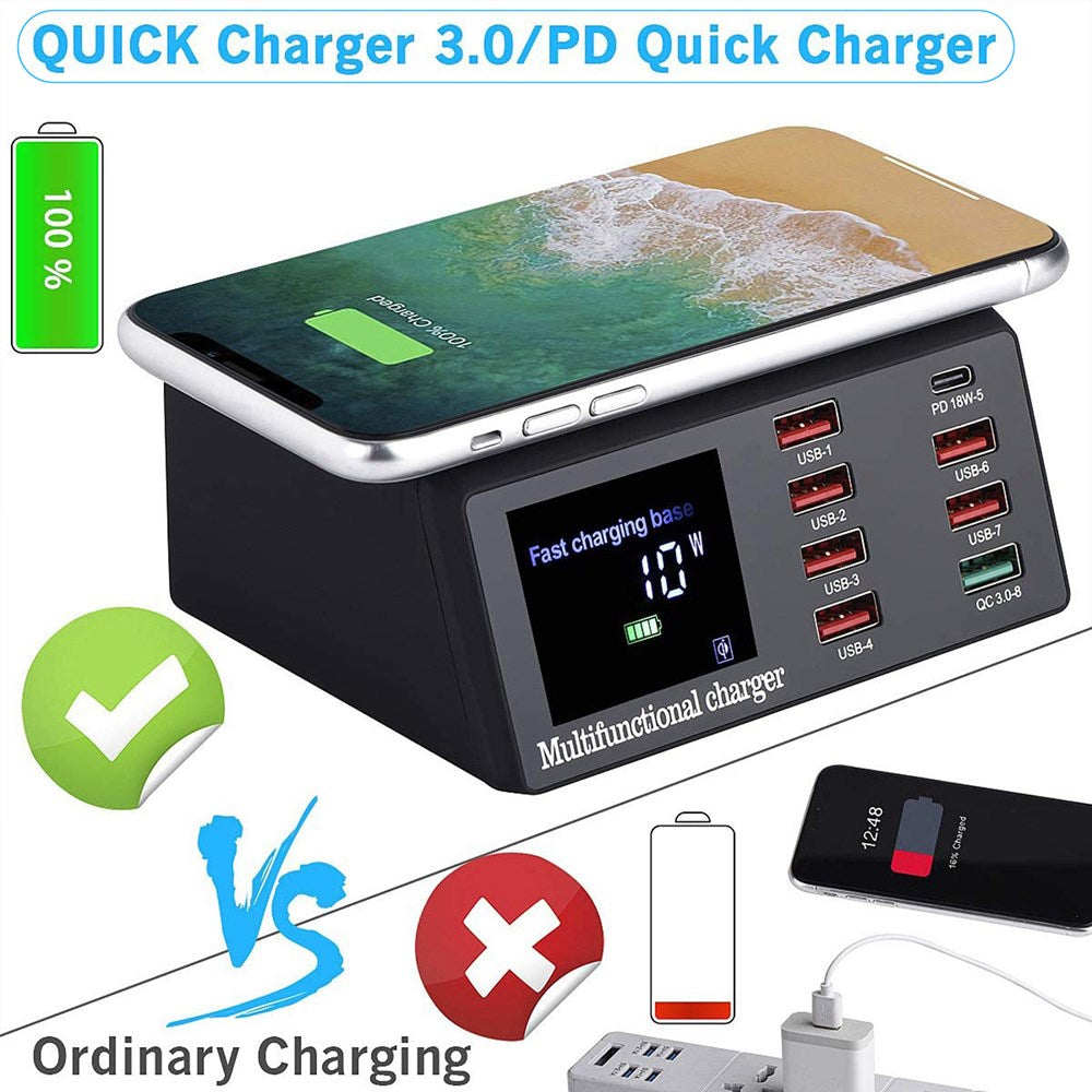 100W 8 Port USB QC3.0 Fast PD Chargeur Rapide Wireless Charging Station EU Plug